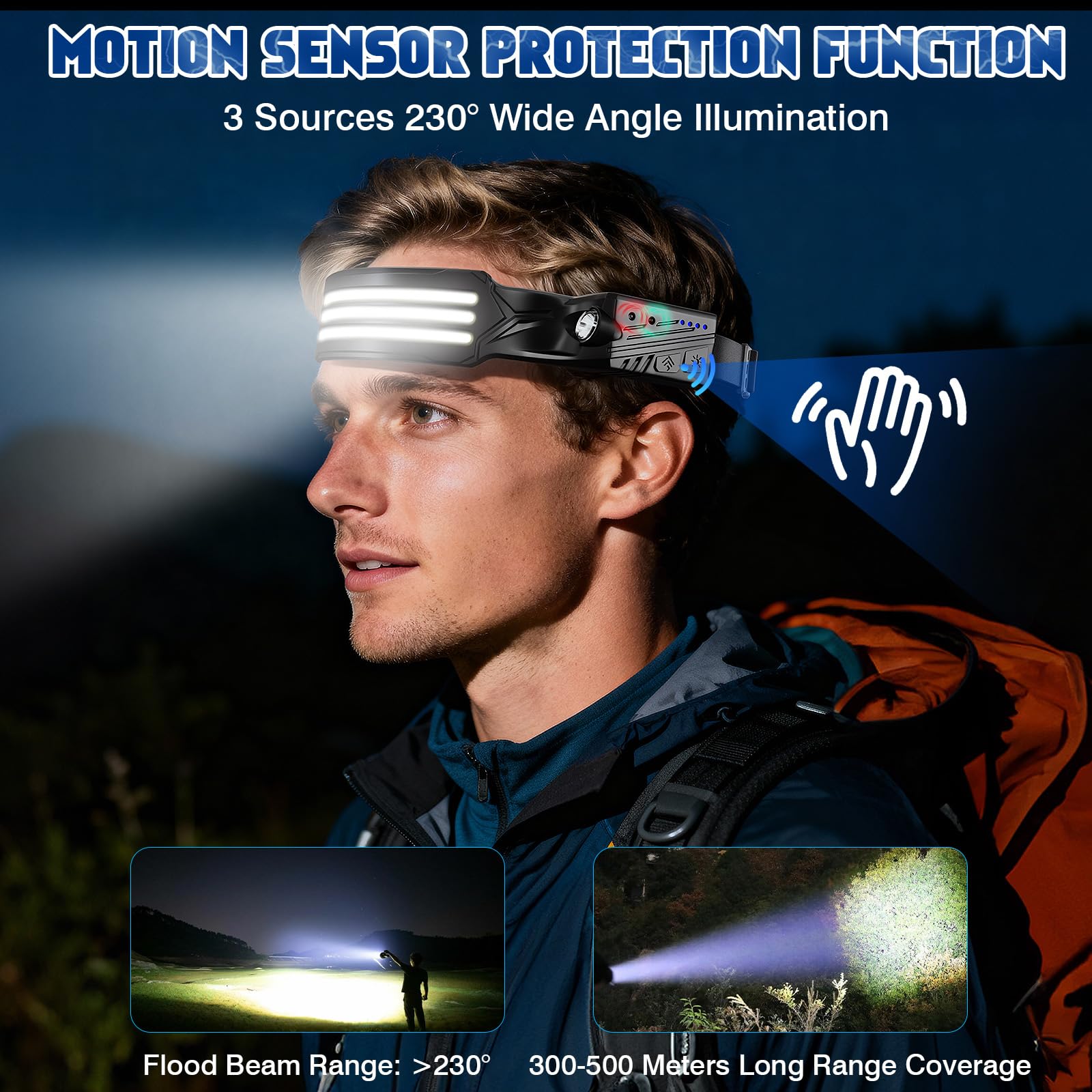 Stirnlampe Led Wiederaufladbar,2 Stück 3000 Lumens Superhell 3*LED Weiß Licht 230°Weitwinkel Sensor Kopflampe,IPX5 Wasserdicht 0.14lb Leichtgewichtig Stirnlampen für Camping,Joggen,Wandern,Angeln