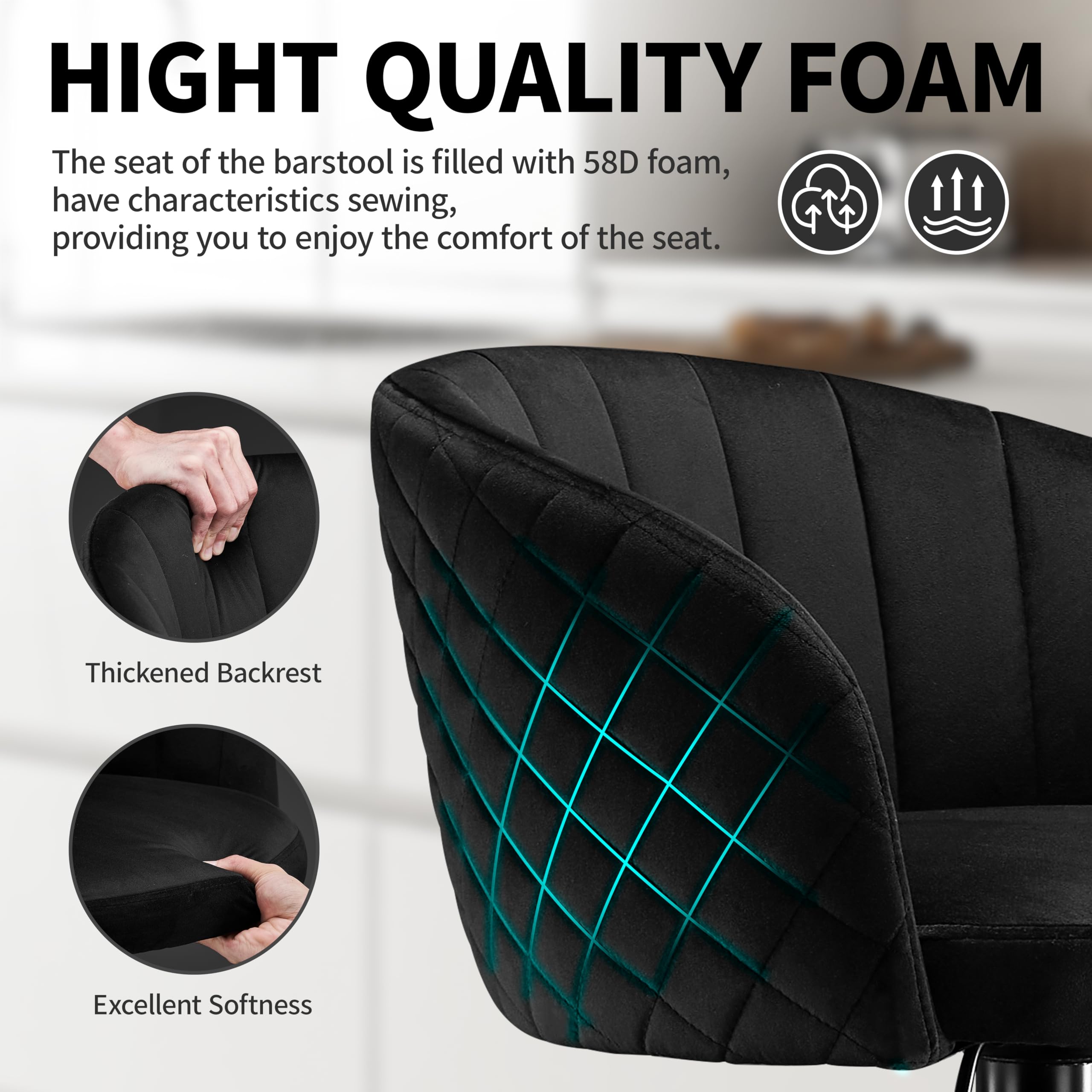 Sgabelli Da Bar Set Di 2 - Velluto Seta, Regolabili E Girevoli Con Schienale E Poggiapiedi