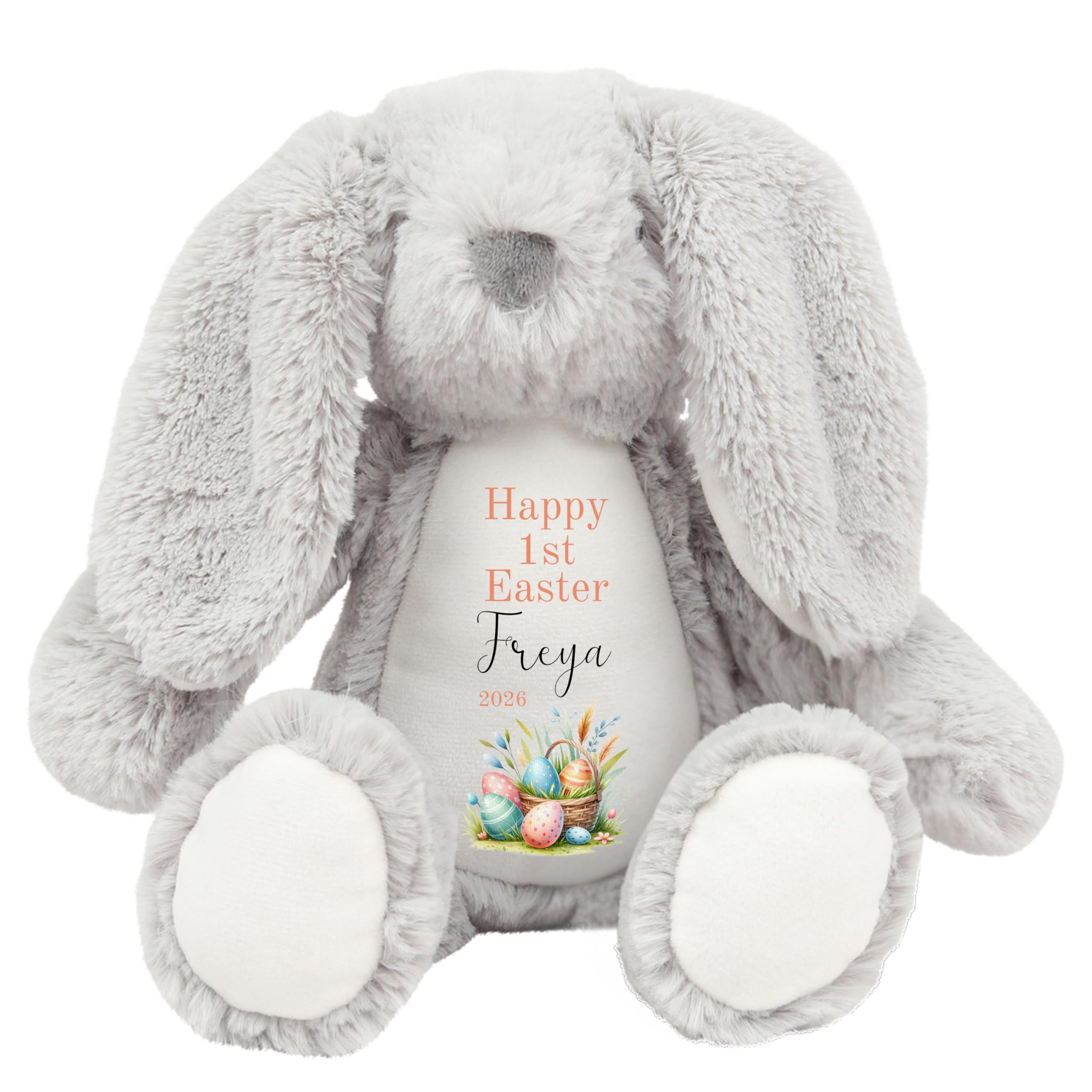HotScamp Personalised Easter Bunny with Name - Happy Easter Egg Basket 2026 Orange - Soft Toy for Baby, Toddler, Child, Kids, Babies Spring Time - Orange Letter Grey Bunny