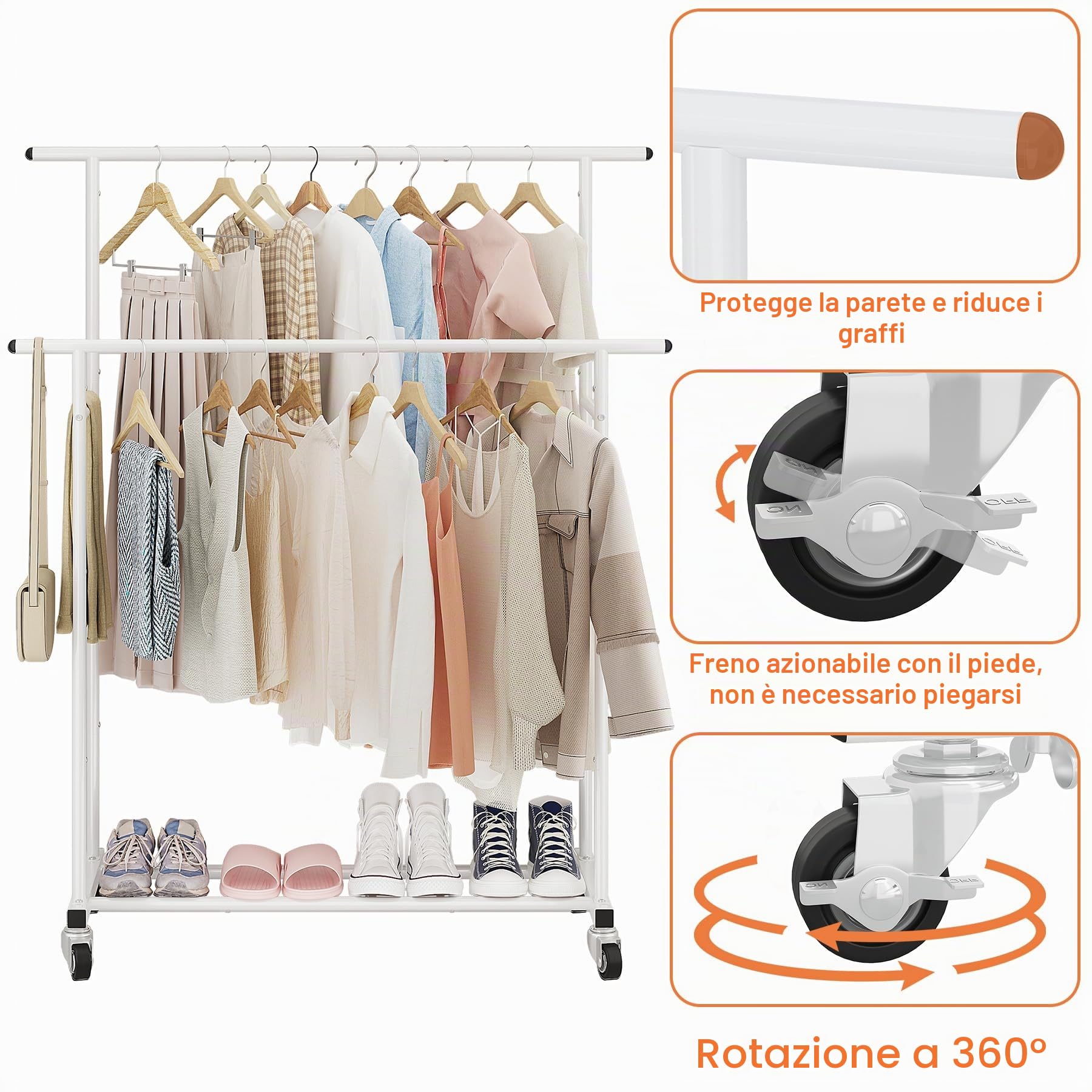 Calmootey Appendiabiti a doppia asta, appendiabiti portatile per camera da letto, soggiorno, negozio di abbigliamento, bianco