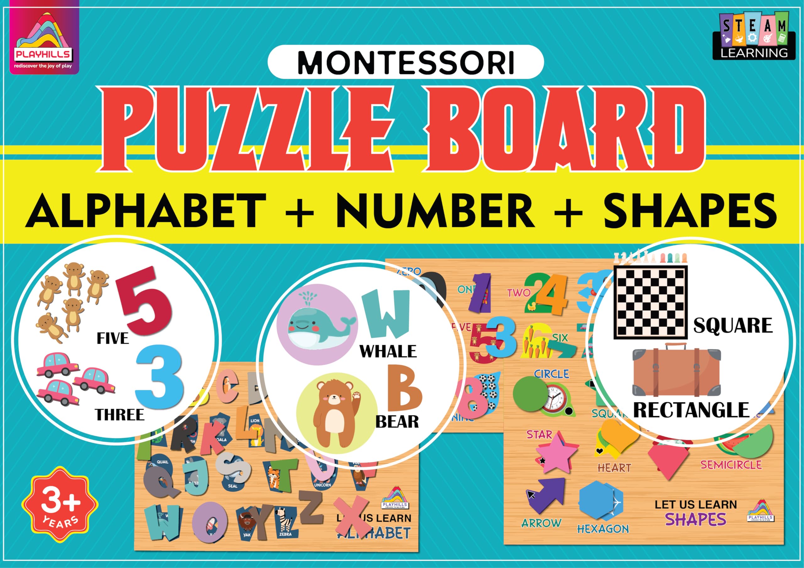 Wooden Learning Educational Puzzle Game Board for Kids (ABCD, Numbers & Shapes) for Toddlers Kids