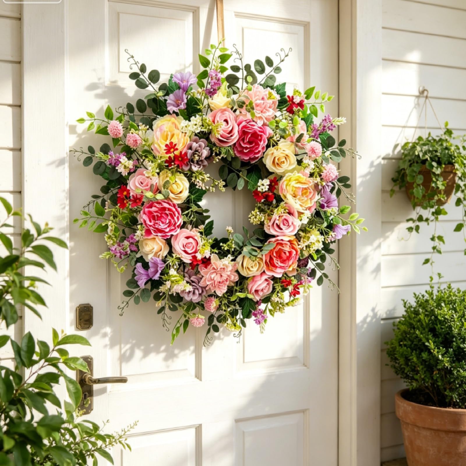 Künstlicher Rosenkranz mit Rosen Pfingstrose und Eukalyptus, 45 cm Frühlings- und Sommerkranz, für Garten, Eingangstür, Fenster, Hochzeit, Party, Festival, Weihnachten