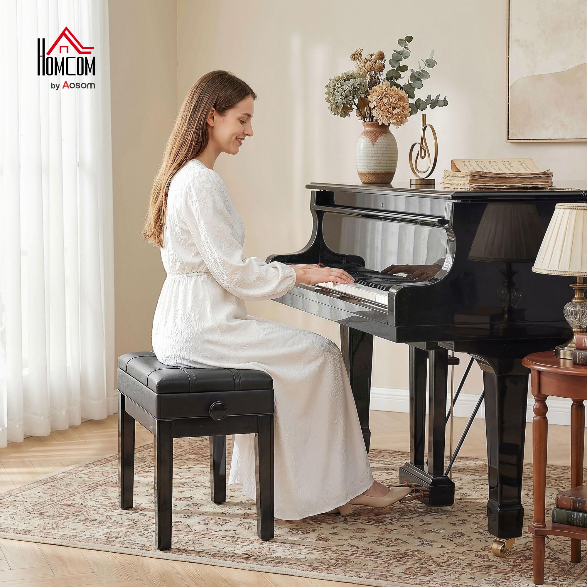 HOMCOM Banc de Piano, Banc de Clavier réglable en Hauteur en Bois Massif, Tabouret Piano avec Compartiment caché, siège rembourré polyuréthane, Stable et antidérapant, Charge 150kg, Noir