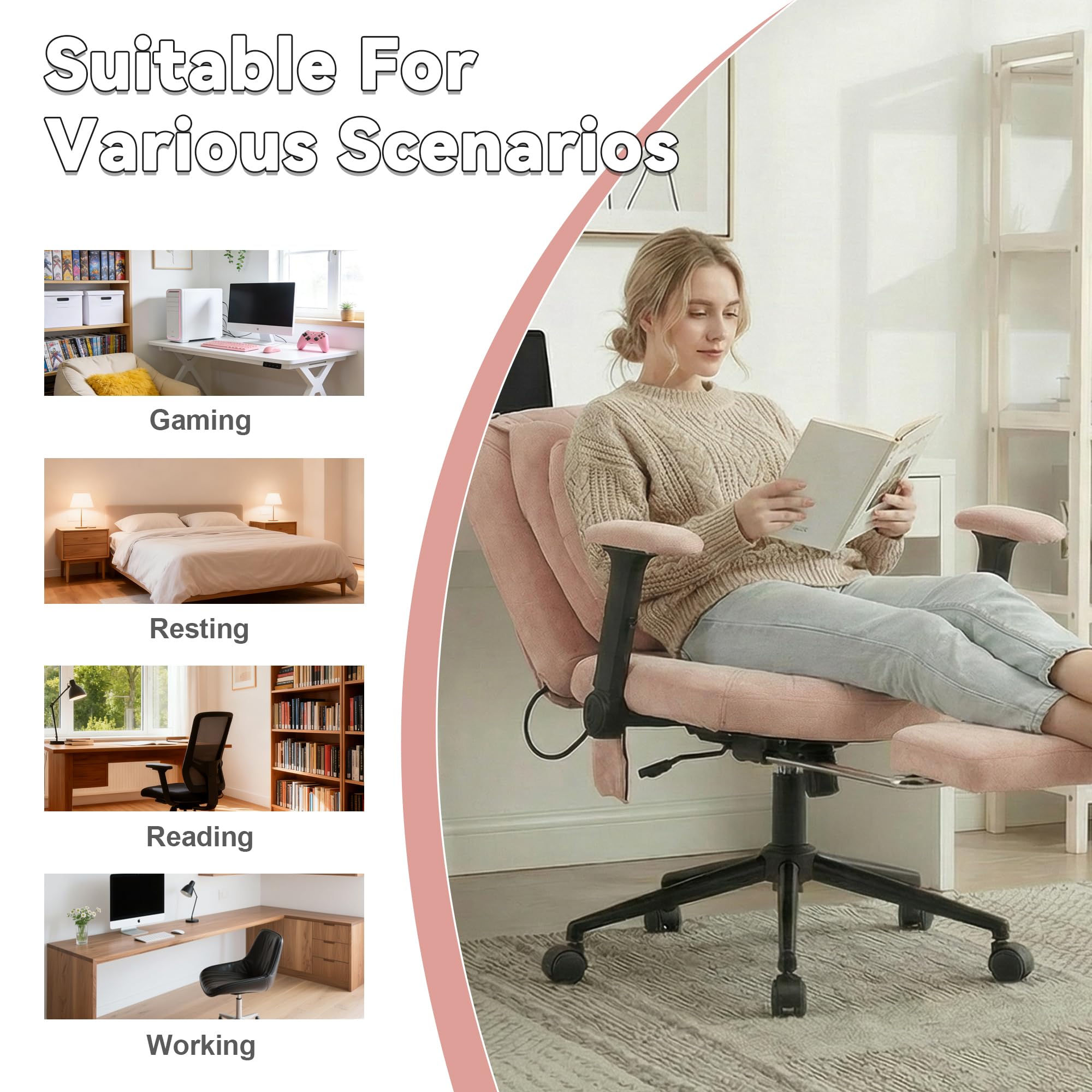 EBELLO Homeoffice Stuhl, Drehstuhl, Schreibtischstuhl mit Fußstütze höhenverstellbar Tragfähigkeit 150kg Gaming Stuhl mit Armlehnen Rollen, für Arbeitszimmer, Rosa