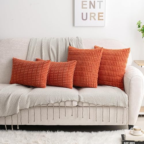 Miniatura 2 de HWY 50 Juego de 2 fundas de cojín decorativas de pana de 20 x 20 pulgadas, suaves, estilo bohemio, a rayas, para sofá, sala de estar, cama, color