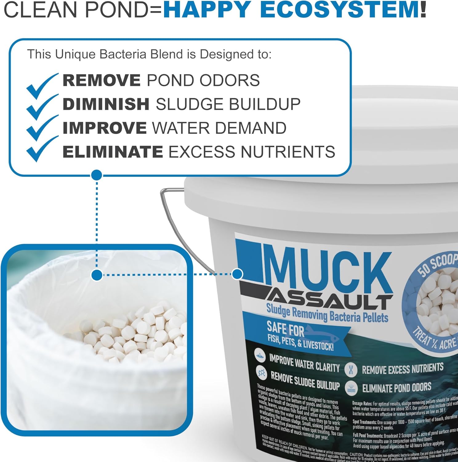 Muck Assault Sludge Remover Pellets - Natural Muck Digester with Beneficial Bacteria Enzymes to Clear Murky Water and Remove Pond Odor - Safe for Aquatic Life & Recreation (25 lbs.)