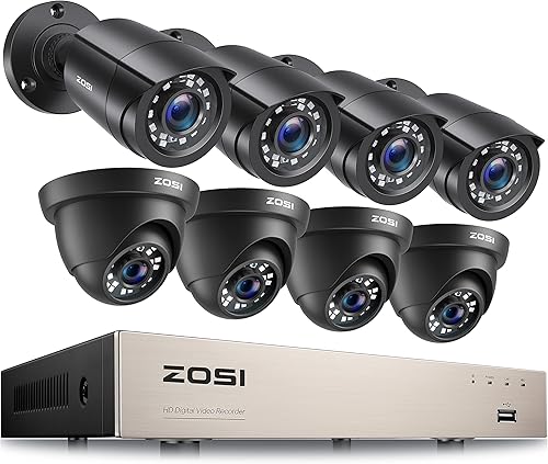 ZOSI Sistema de cámara de seguridad para el hogar de 8 canales para exteriores, 5MP-Lite de 8 canales H.265+ CCTV DVR y 8 cámaras de vigilancia de