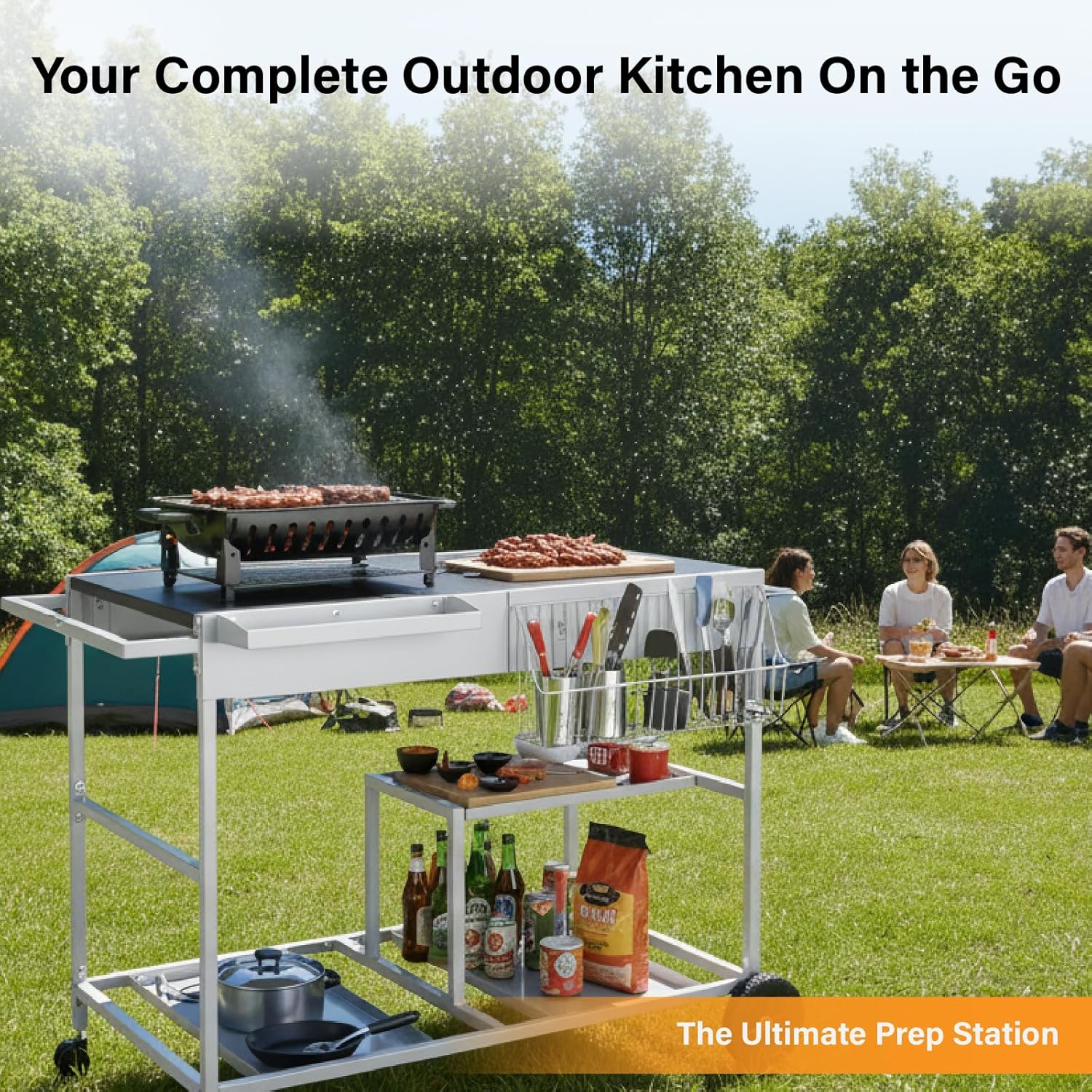 VINGLI Pizza Oven Grill Table Cart, Movable Food Prep Cart with Pizza Topping Station, Seasoning Boxes, Gas Bottle Space, Outdoor Table Stand for Griddle, Patio, Home, Parties