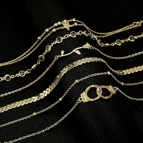 Miniatura 6 de FUNEIA Juego de 1216 tobilleras para mujer, tobilleras de oro plateado, estilo bohemio, en capas, cadena ajustable, tobillera y pie, Aleación.