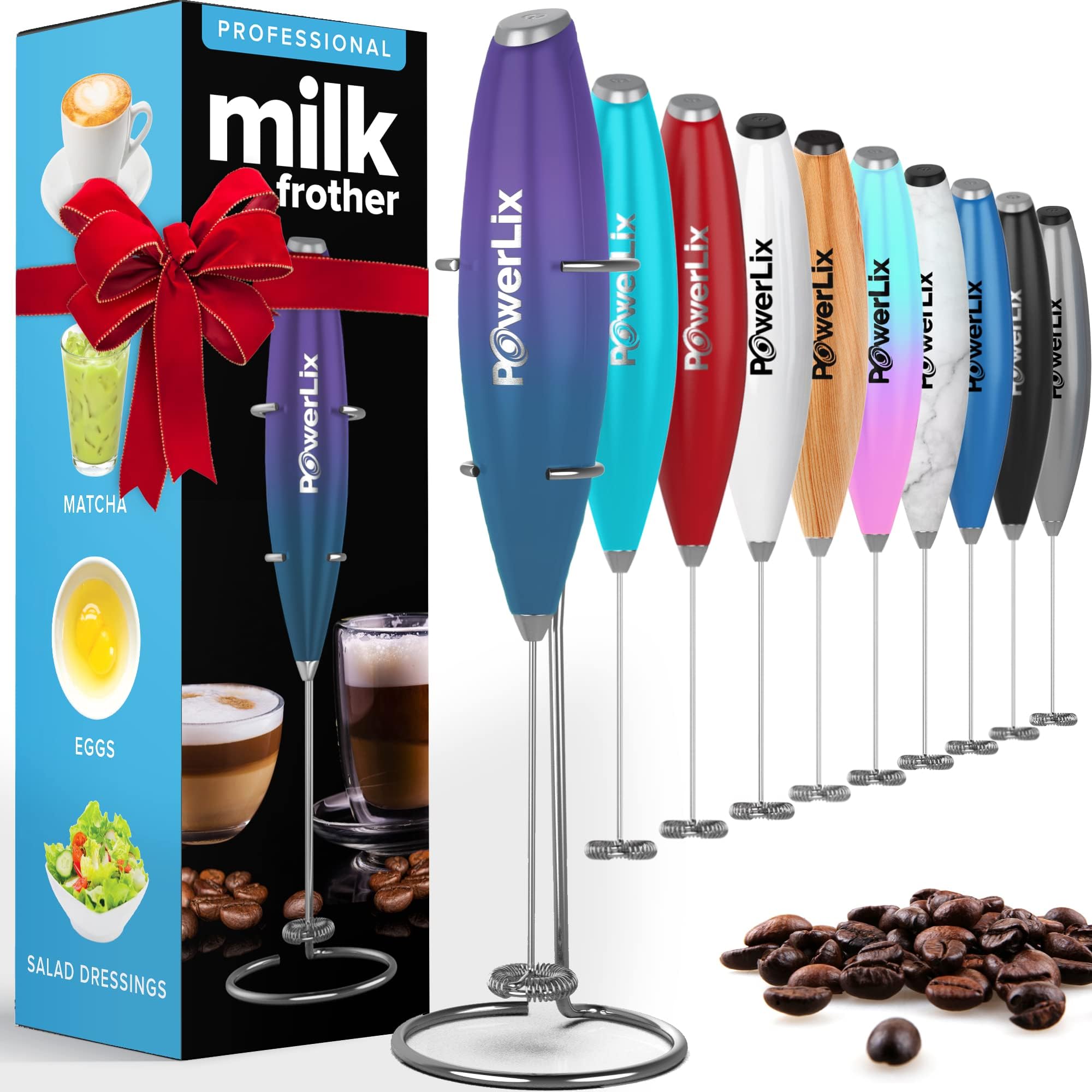 PowerLix Milk Frother Handheld Battery Operated Electric Whisk Foam Maker For Coffee, Latte, Cappuccino, Hot Chocolate, Durable Mini Drink Mixer With Stainless Steel Stand Included
