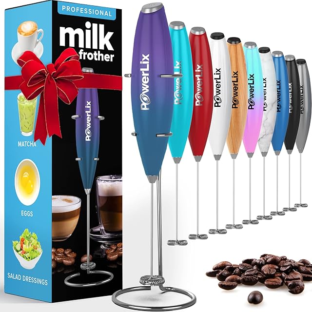 PowerLix Ręczna trzepaczka do mleka  elektryczny spieniacz do mleka ze stojakiem ze stali nierdzewnej, 15-20 s, mocny 19000 obr./min, mini mikser do kawy, do latte, cappuccino (Fioletowy Turkus)