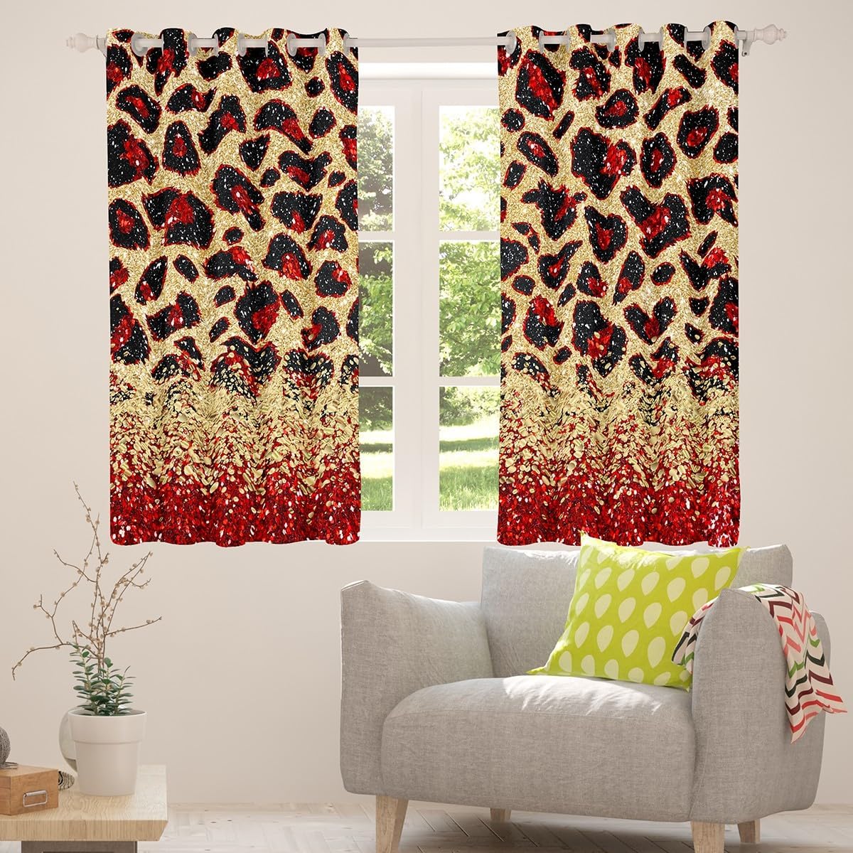 Red Cheetah Print Blackout Curtains Gold Sequin Print Curtains & Drapes 2 Panels 42" Wx84 L,Wild Animal Hide Leopard Curtains for Living Room African Animals Curtains,Big Cat Fur Spot Western Decor