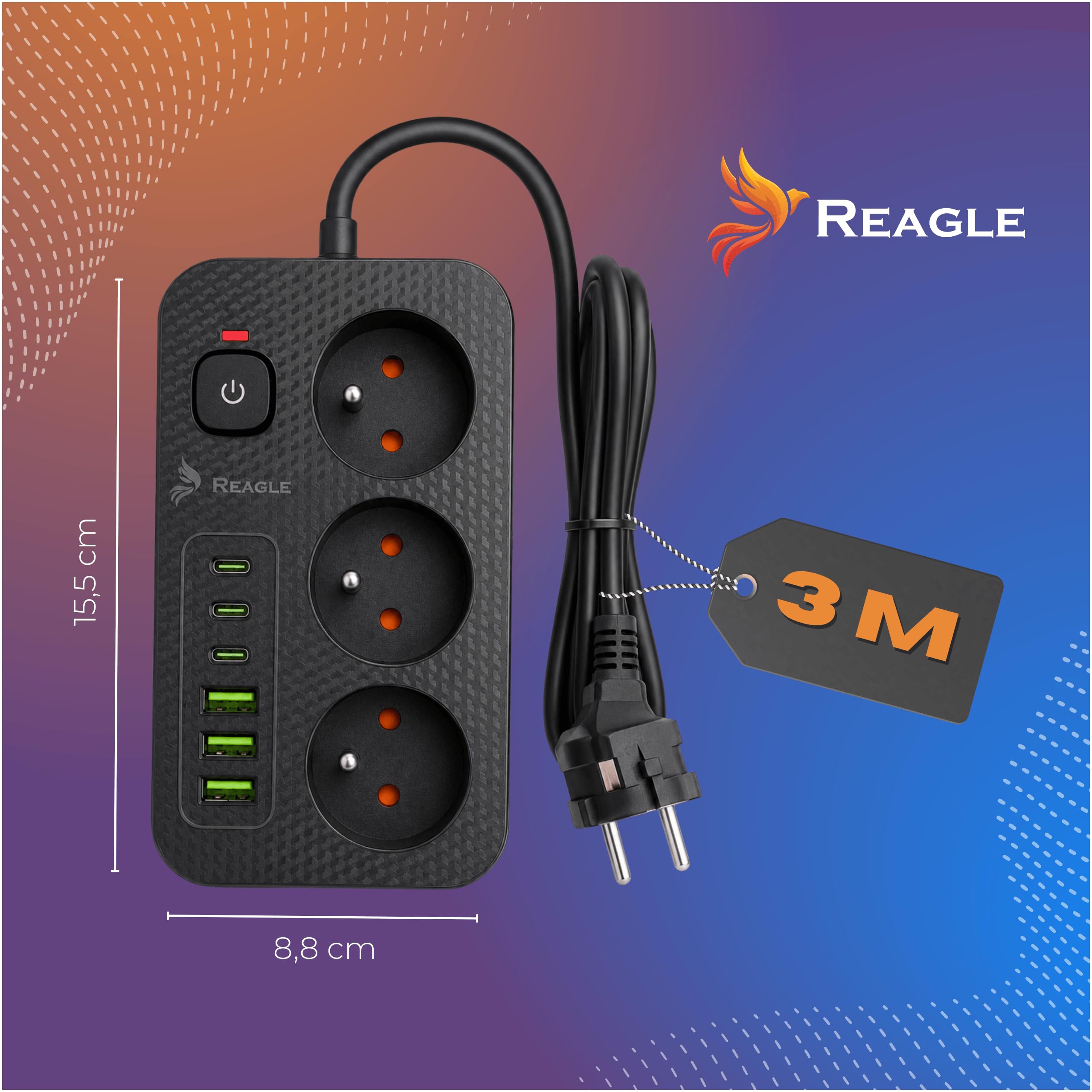 Reagle Listwa Zasilająca 3 Gniazda 230V z 6 USB, 3x USB-A 3x USB-C, Przedłużacz 3M z Podświetlanym Włącznikiem, 2500W, Czarna, do Domu Biura