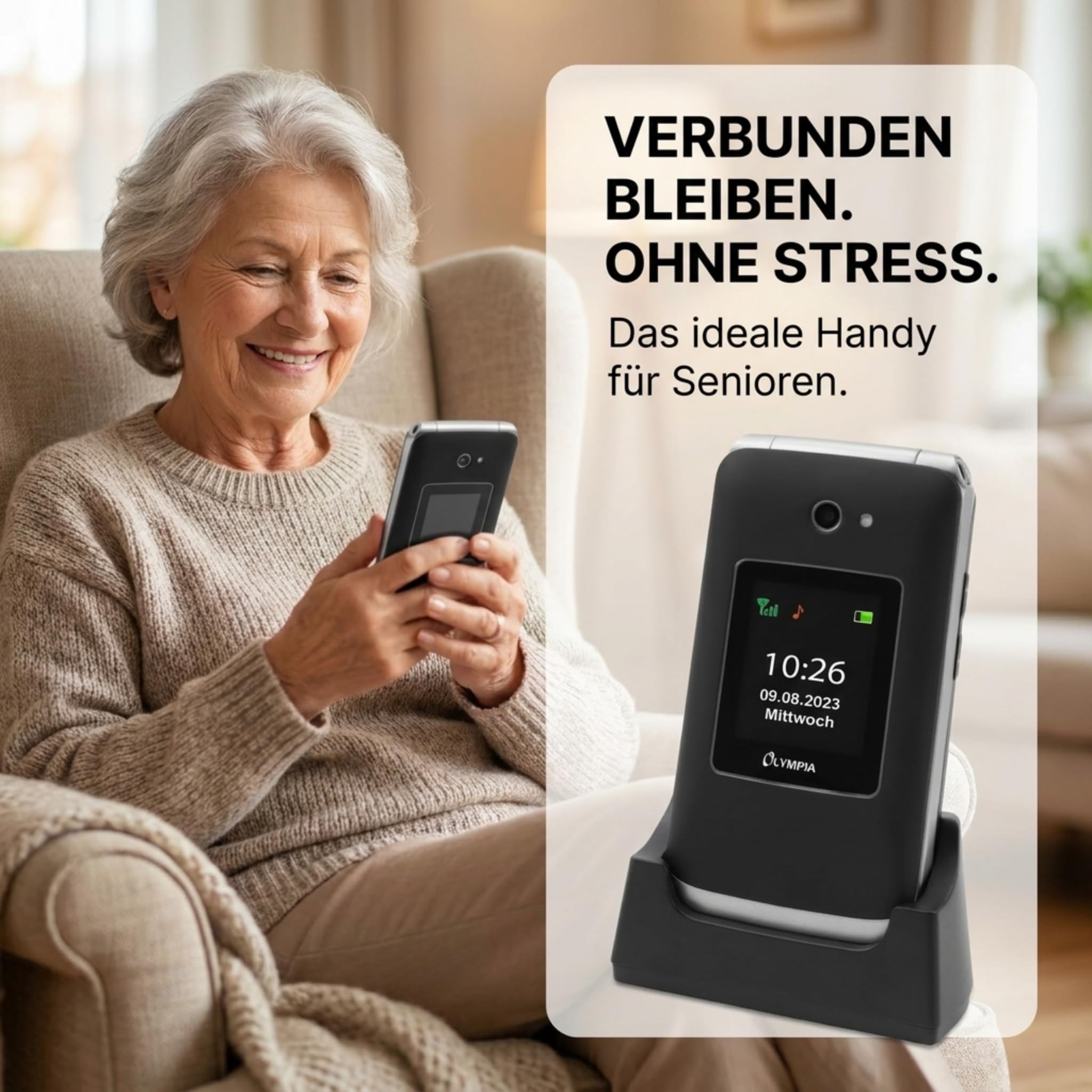 Olympia Vitus 4G Seniorenhandy | Klappbar mit Großtasten | Hörgerätekompatibel | Handy für Senioren | Notruftaste & SOS-Funktion | Farbdisplay | Kamera | Taschenlampe | Langlebiger Akku | Schwarz