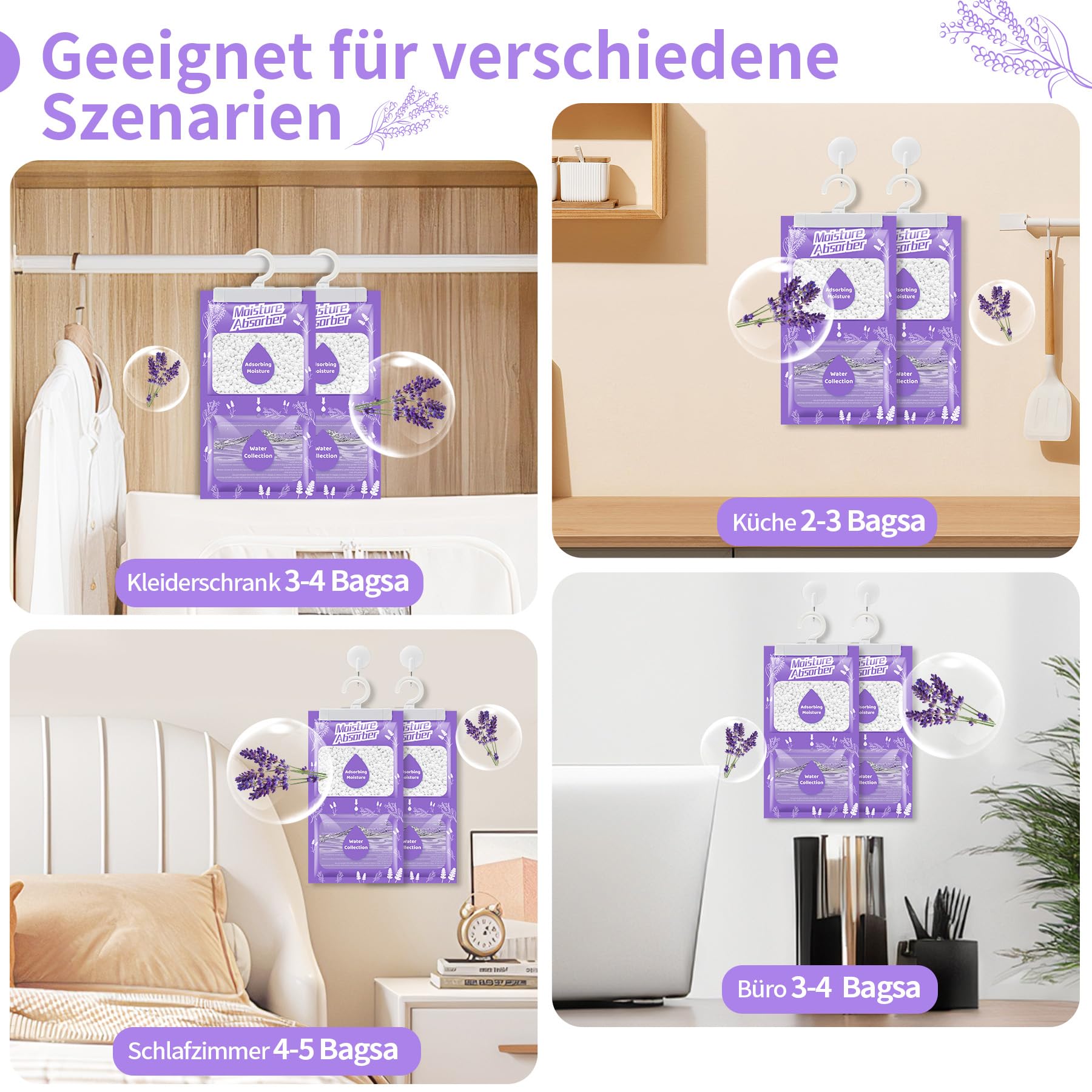 20 x 230 g, deumidificatore sospeso, con profumo, assorbitore di umidità per cantina, camera da letto, lavanderia, anti-umidità, anti-muffa, sacchetto di essiccante – lavanda