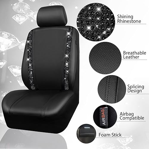 Miniatura 30 de CAR PASS Funda de asiento trasero de cuero y diamantes de imitación brillantes, impermeable, diseño de diamante brillante, ajuste universal, tiras