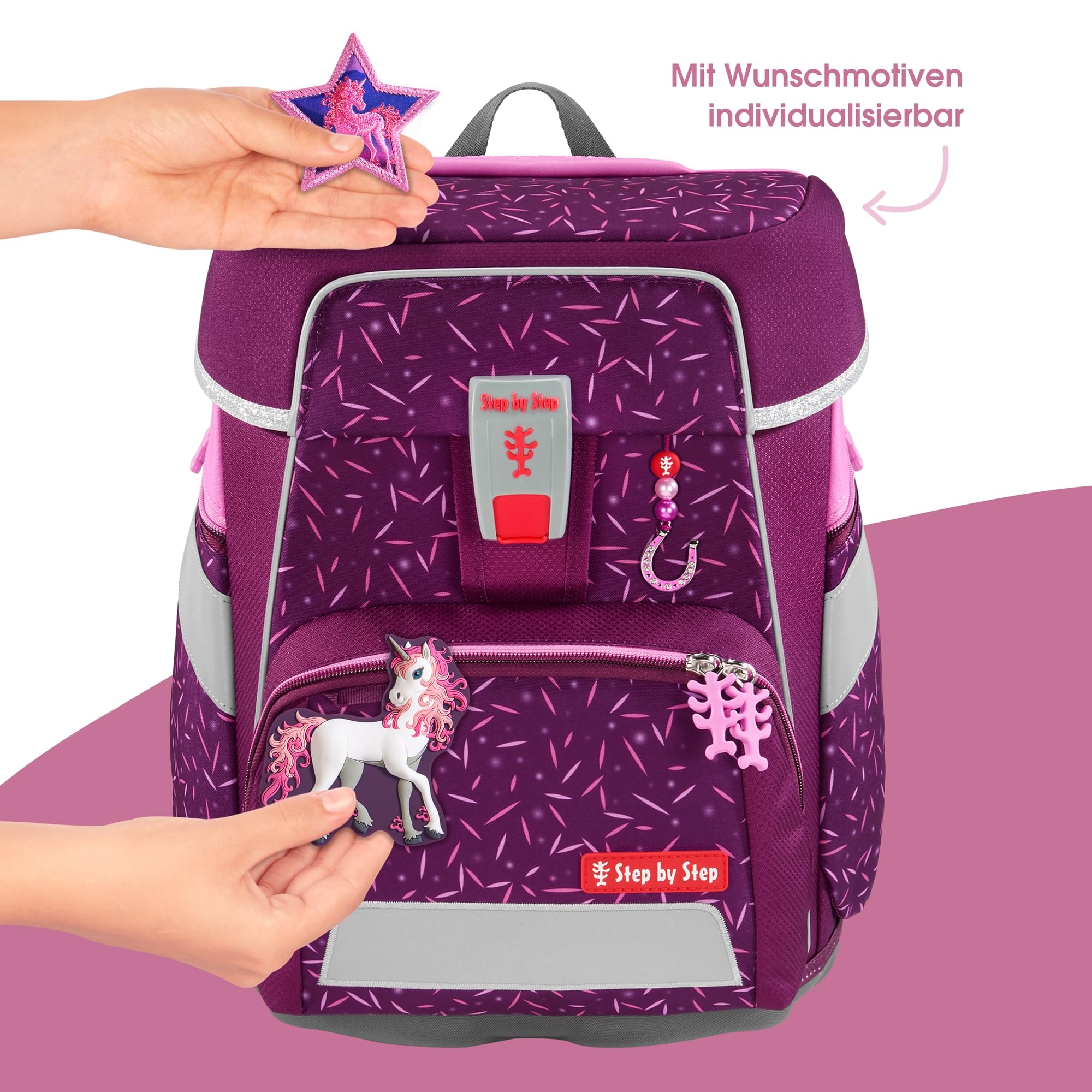 Step by Step Space - Juego de mochila escolar (5 piezas, ergonómica, con reflectores, altura regulable con cinturón para la cadera, a partir de 1ª clase, 20 L)