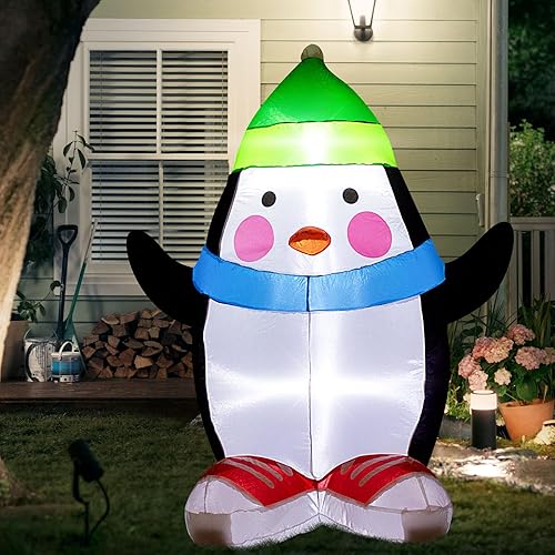 Miniatura 5 de Decoración de Navidad inflable de pingüino, pingüinos de 4 pies con zapatos de lona rojos, infla con luces LED para decoración de patio interior y