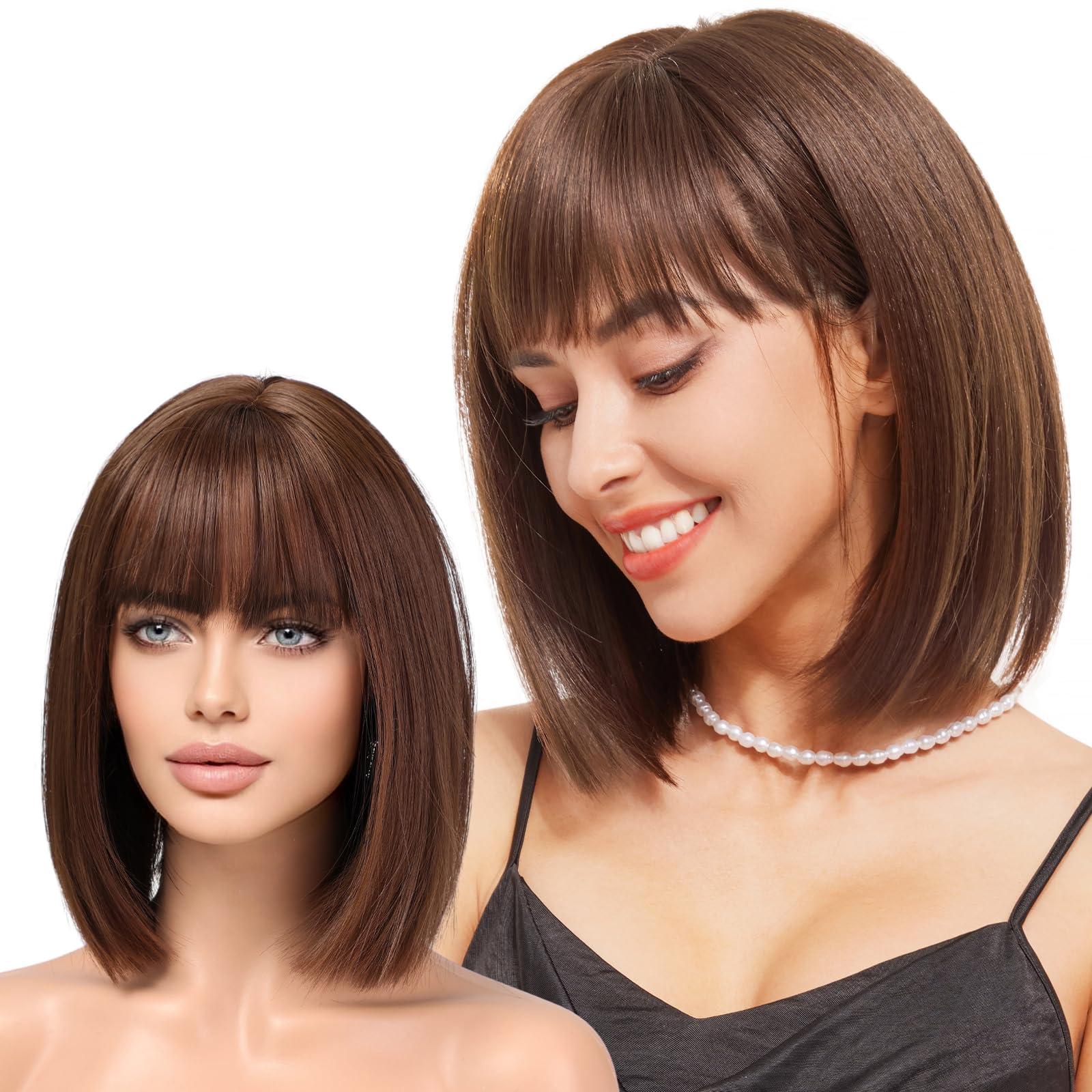 wokestarBrown Bob Wigs for Women Synthetic Wig with Fringe