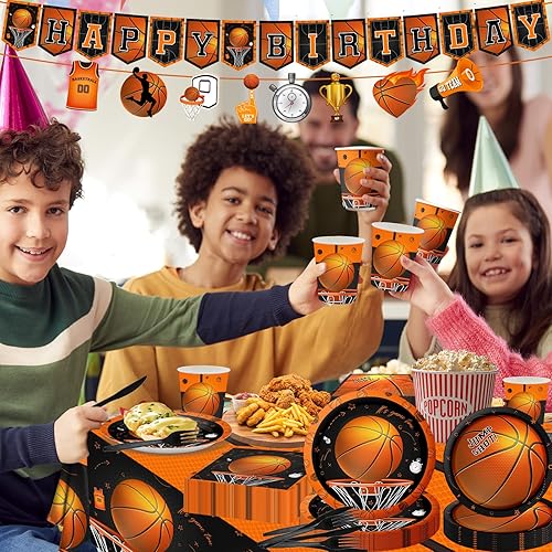 Miniatura 4 de Suministros para fiestas de baloncesto, 142 piezas con temática de deportes de baloncesto, suministros para fiesta de cumpleaños, incluye platos de