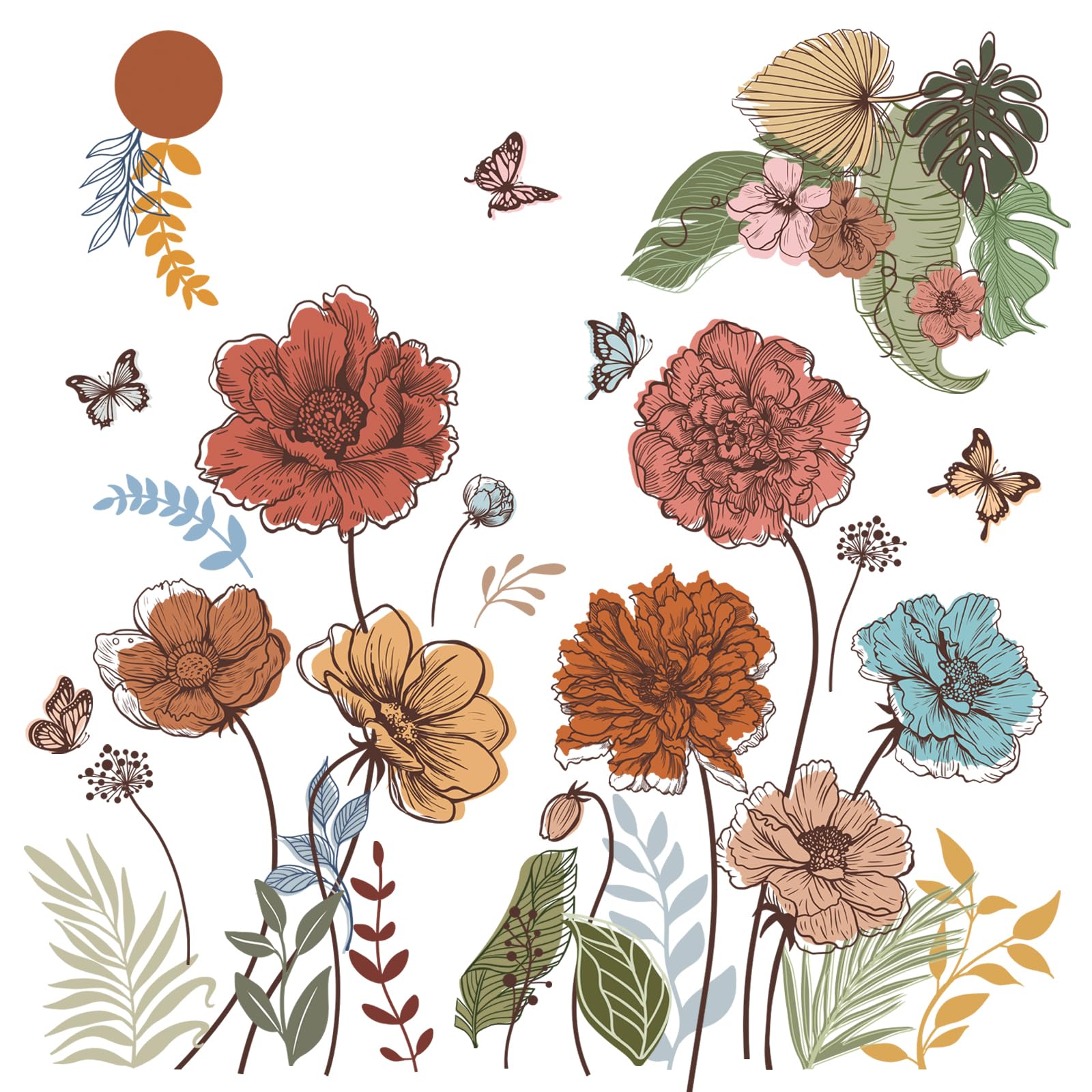 FUFUQUARE Boho Flowers Wall Sticker Retro Wildflower Butterfly Wall Decals