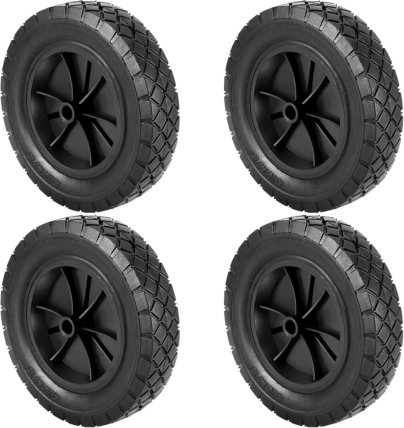 4 PCS 8 x 1.75 inch Solid Rubber Hand Truck Wheel, Universal Flat Free Lawn Mower Wheels with 1/2 Inch Axle, Replacement Tire for Hand Truck Dolly Cart Compressor, 110 LBS Load Capacity