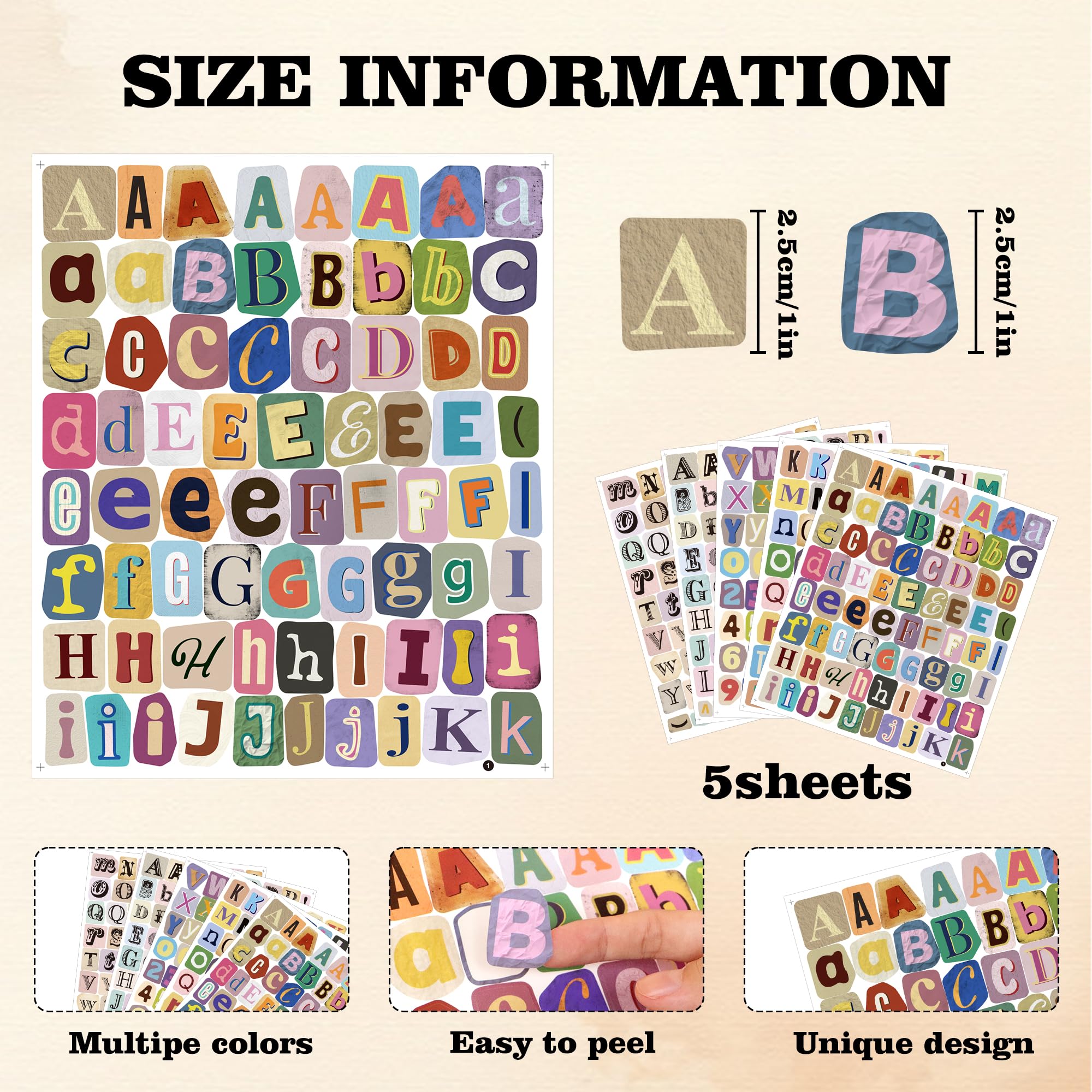 372 Pcs Vintage Letter Stickers, 1 Inch Self-Adhesive Alphabet Number Vinyl Stickers, Waterproof Decorative Stickers for Scrapbooking, Journaling, Laptop, Water Bottles, DIY Crafts (5 Sheets) - 2
