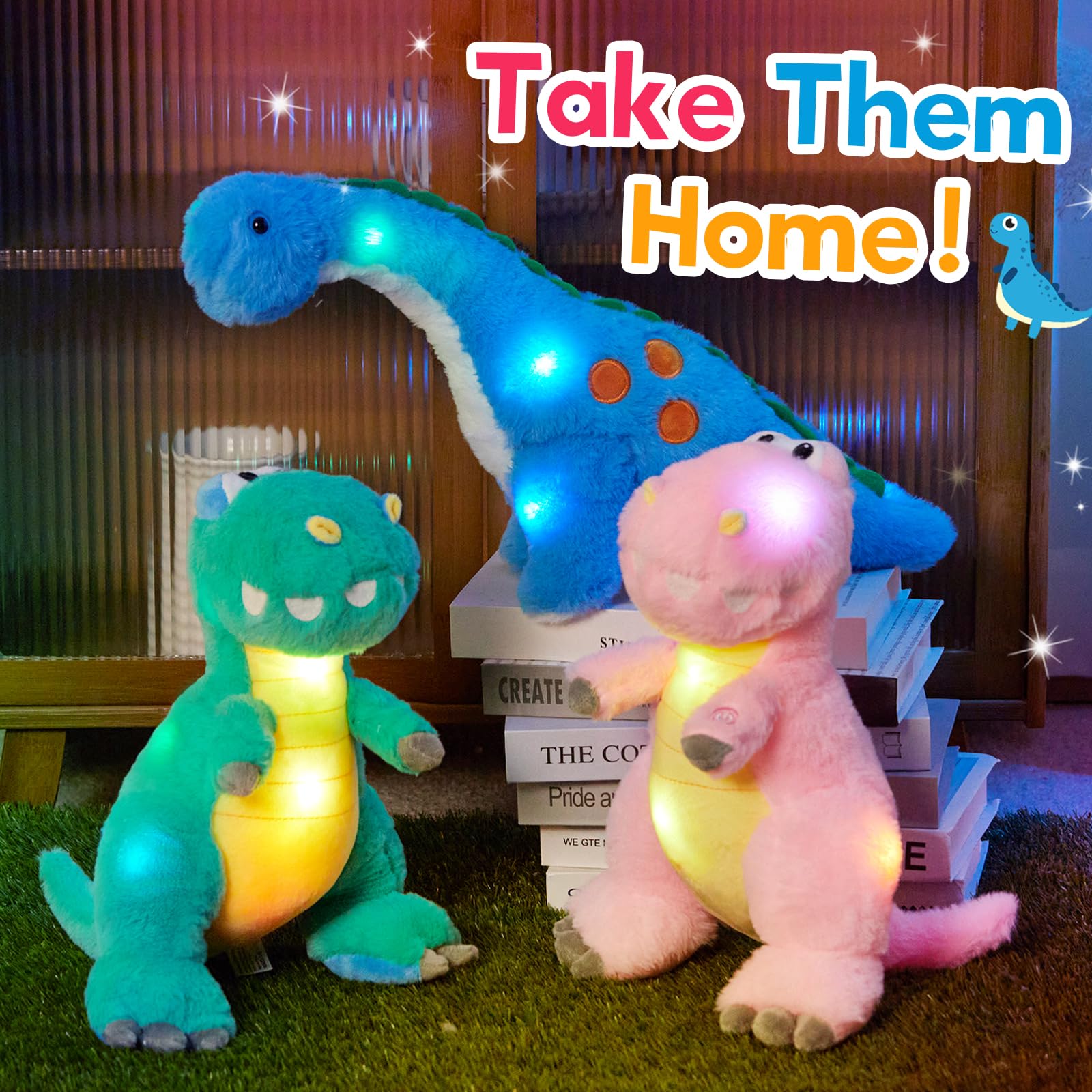Houwsbaby 25,4 cm beleuchtetes Dinosaurier-Diplodokus Stofftier Disketten-LED-Plüschtier Nachtlichter Leuchtkissen Langhals Geburtstagsgeschenke für Kinder Kleinkind Mädchen und Jungen, blau