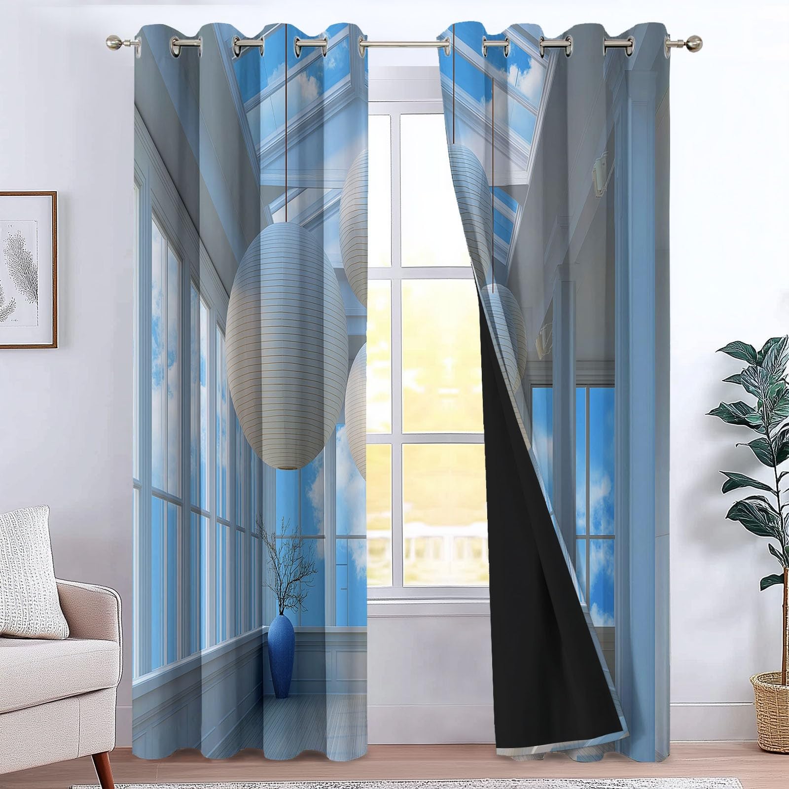 Générique Rideaux Occultants Enfant Lanternes Nuages 110 x 215 cm (L x H), Isolation Phonique à Œillets Plafond, pour Chambre Garçon (2 Panneaux) Bleu Clair