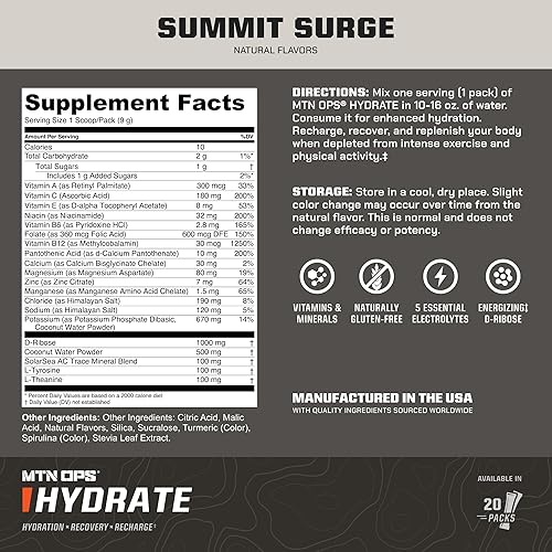 Miniatura 3 de MTN OPS Hydrate Electrolytes - Mezcla de bebida en polvo, 20 paquetes de electrolitos individuales para llevar con más de 1000 mg de electrolitos