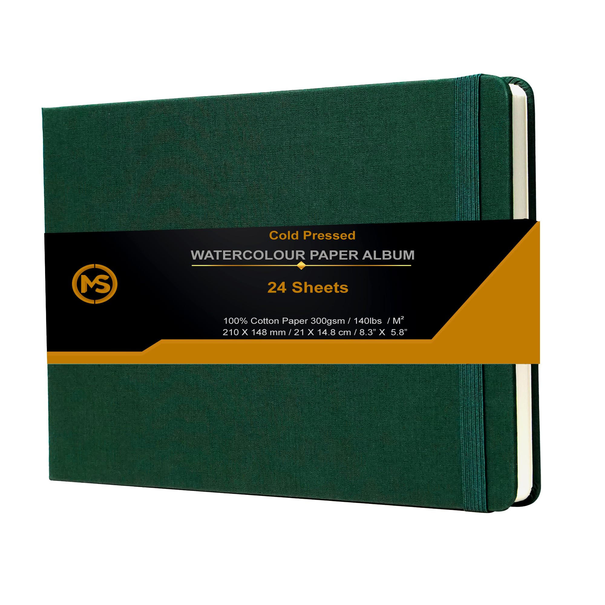 Ms My Stationery Dark Green Watercolour Sketchbook Journal 300Gsm /140Lb 100% Cotton Paper 24 Sheets Cold-Pressed Sewn Binding 8.3" X 5.8" Album For Artists Wet Media And Mixed Techniques - Linen Fabric Cover (Dark Green)
