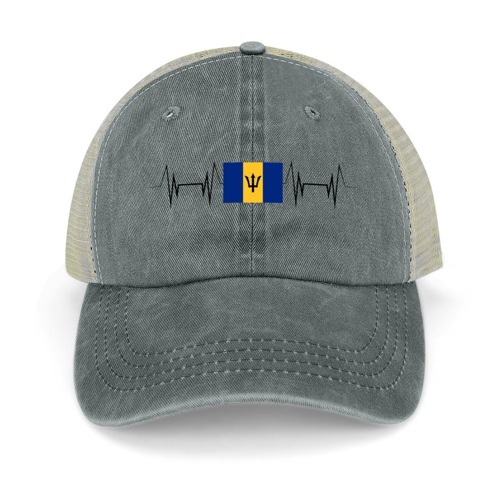 Yelolyio Barbados Flag Heartbeat Mesh-Back Cap Barbados Baseball Cap Adjustable Denim Cap Adjustable Plain Baseball Hat for Men and Women Outdoor Sports Caps