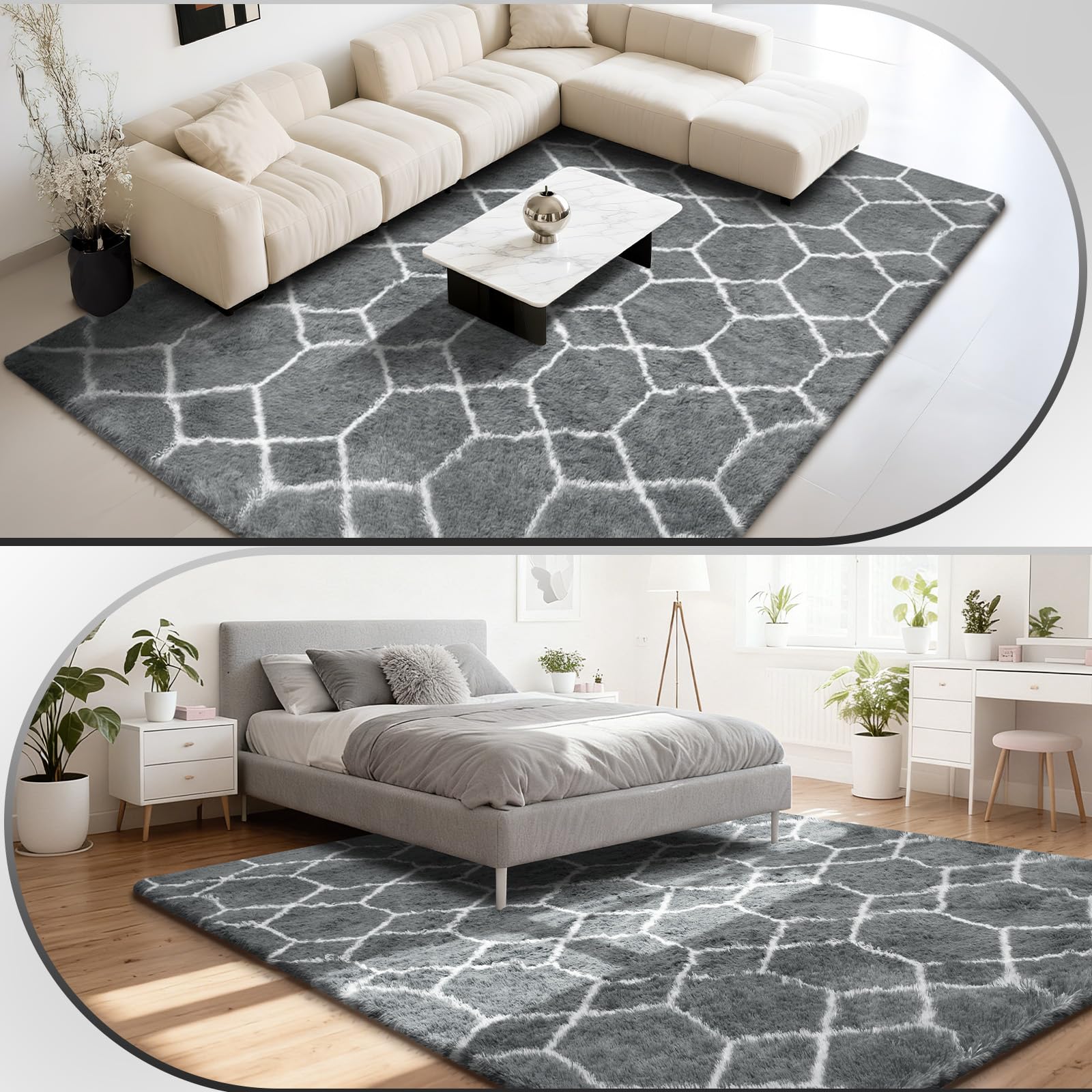 Alfombra de pelo largo para salón, 160 x 230 cm, geométrica, color