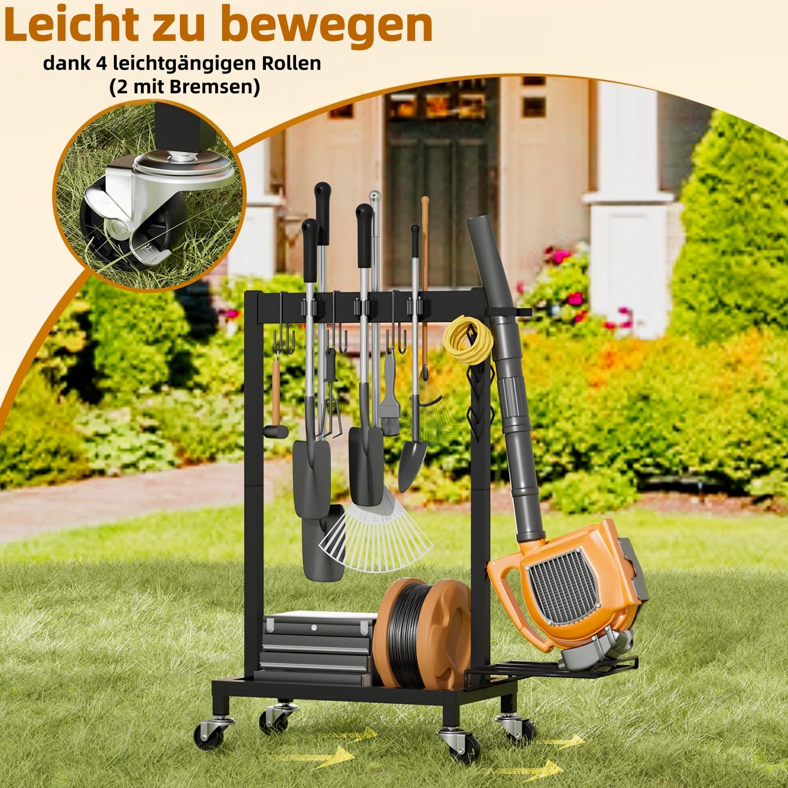 Porta scopa con organizer per detergenti, porta scopa con ruote, porta scopa e mocio, carrello per la pulizia con 6 ganci per mop, 3 ganci doppi, portata 68 kg, nero