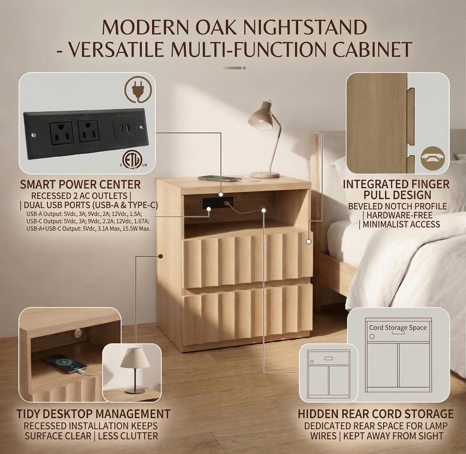 VividVibe Wide Fluted Nightstand Set of 2 with Charging Station, Side Table with Discreet Rear Cord Cutouts, 2 Drawers Wooden Modern Organic End Table Bedside Table for Bedroom Home Office Light Oak