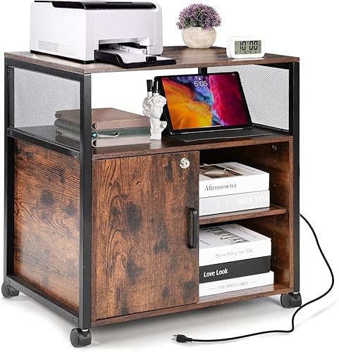 Rengue Lockable Lateral File Cabinet, Mobile Printer Stand Office Storage Organi
