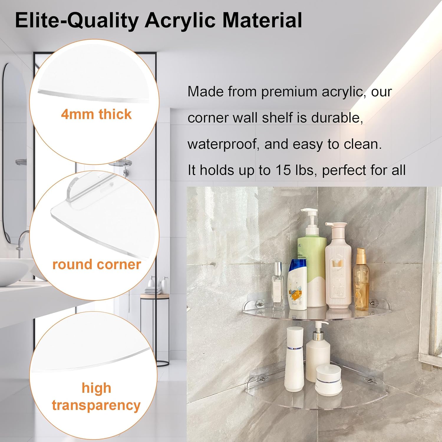 Acrylic Corner Shelves, Adhesive Shelf, Shower Caddy Organizer for Home Decor,Clear Shower Shelf,No Drilling Wall Mounted Bathroom Shelves (Clear 10 inch 2 set) - Image 5