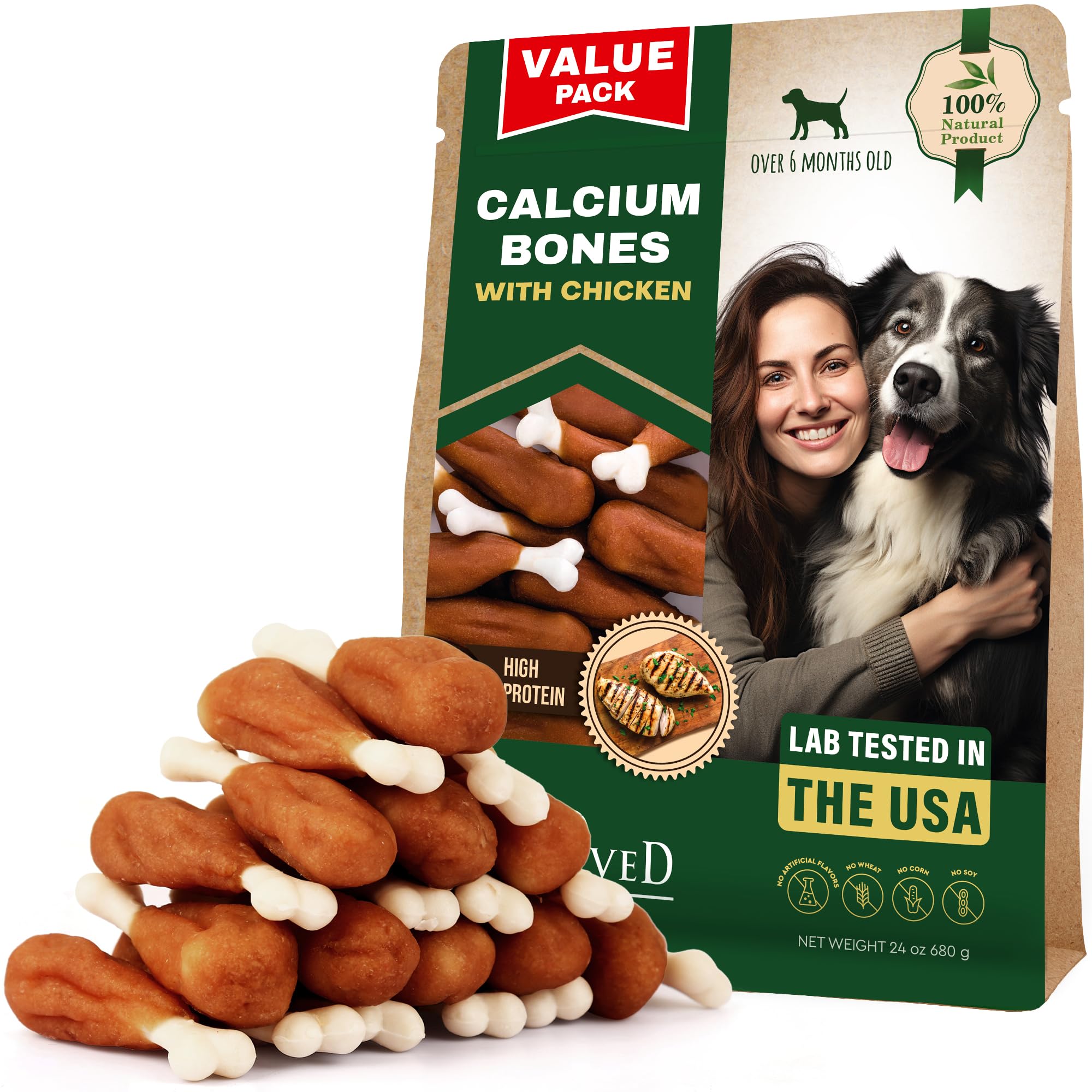 Dog Treats Bones Wrapped Chicken &amp; Rawhide Free Chew - Pet Healthy Dried Snacks &amp; Grain Free Meat - Bulk Best Chews for Small &amp; Large Dogs - Made for USA (24 oz (Pack of 1), Calcium Bones)