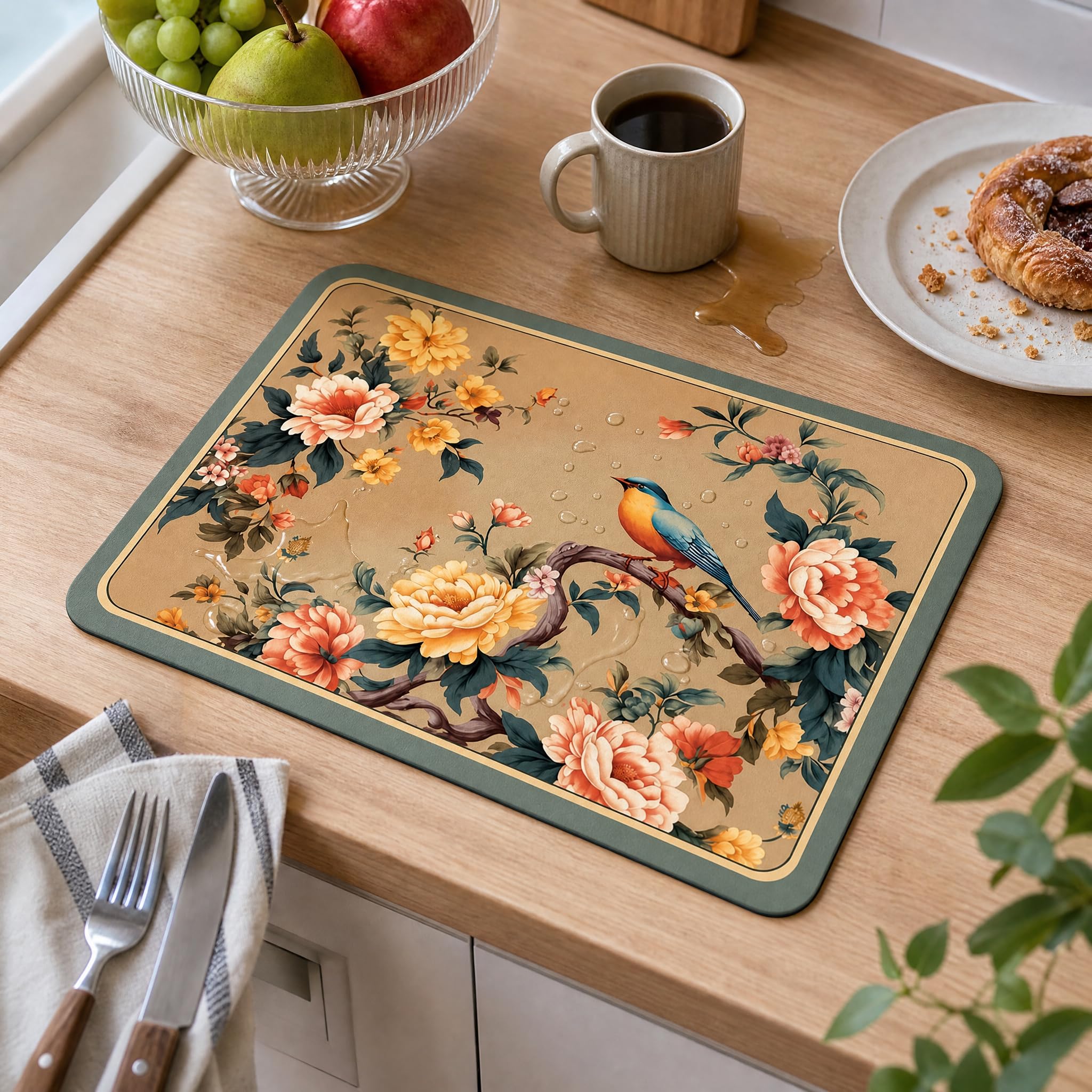 Tapis absorbant antidérapant cuisine , Fleurs & oiseaux-2 , 60x90cm