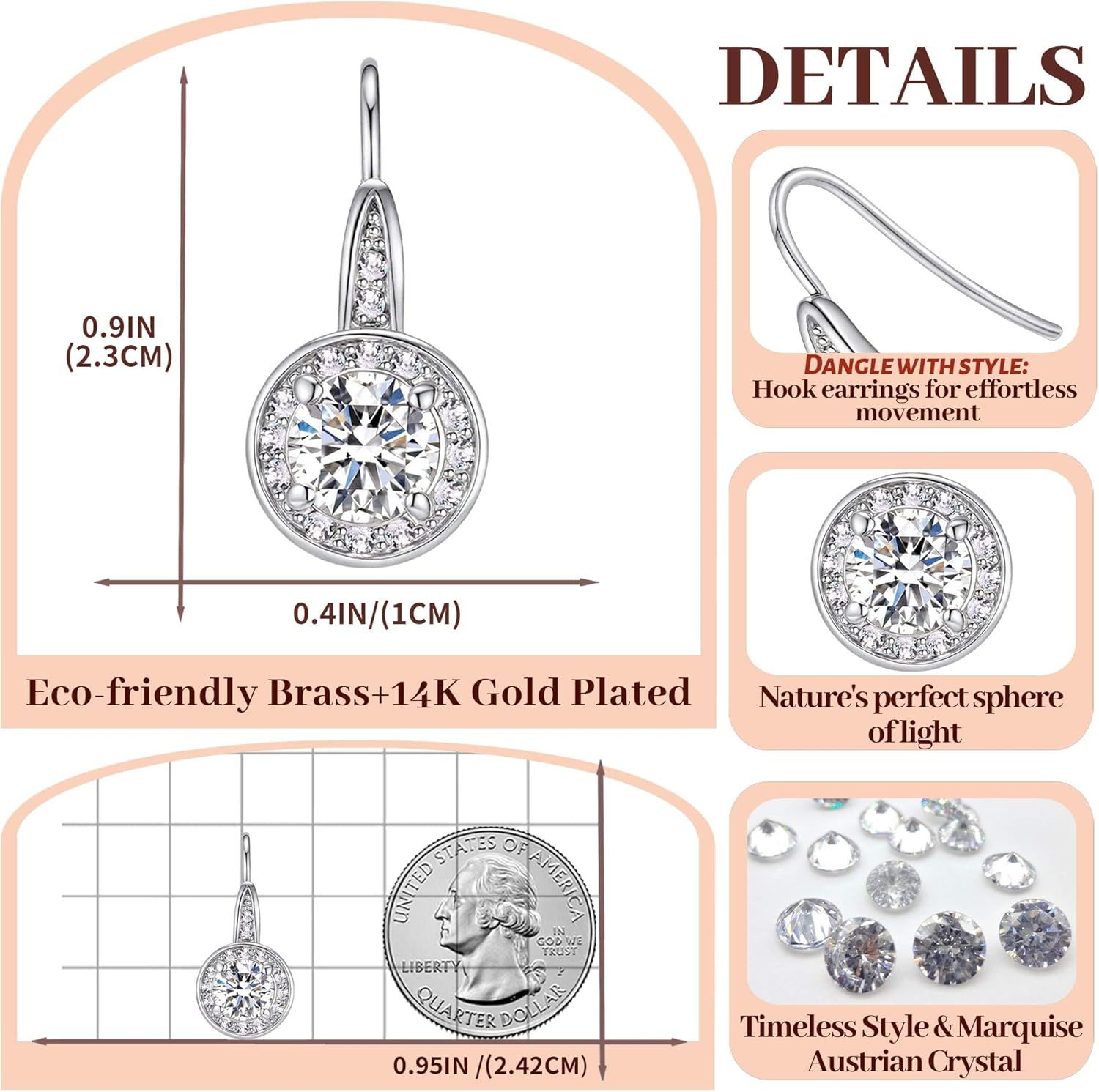 EVEVIC Austrian Crystal Halo Round Drop Dangle Earrings for Women 14K Gold Plated Hypoallergenic Earring Trendy Jewelry Gifts - Image 6
