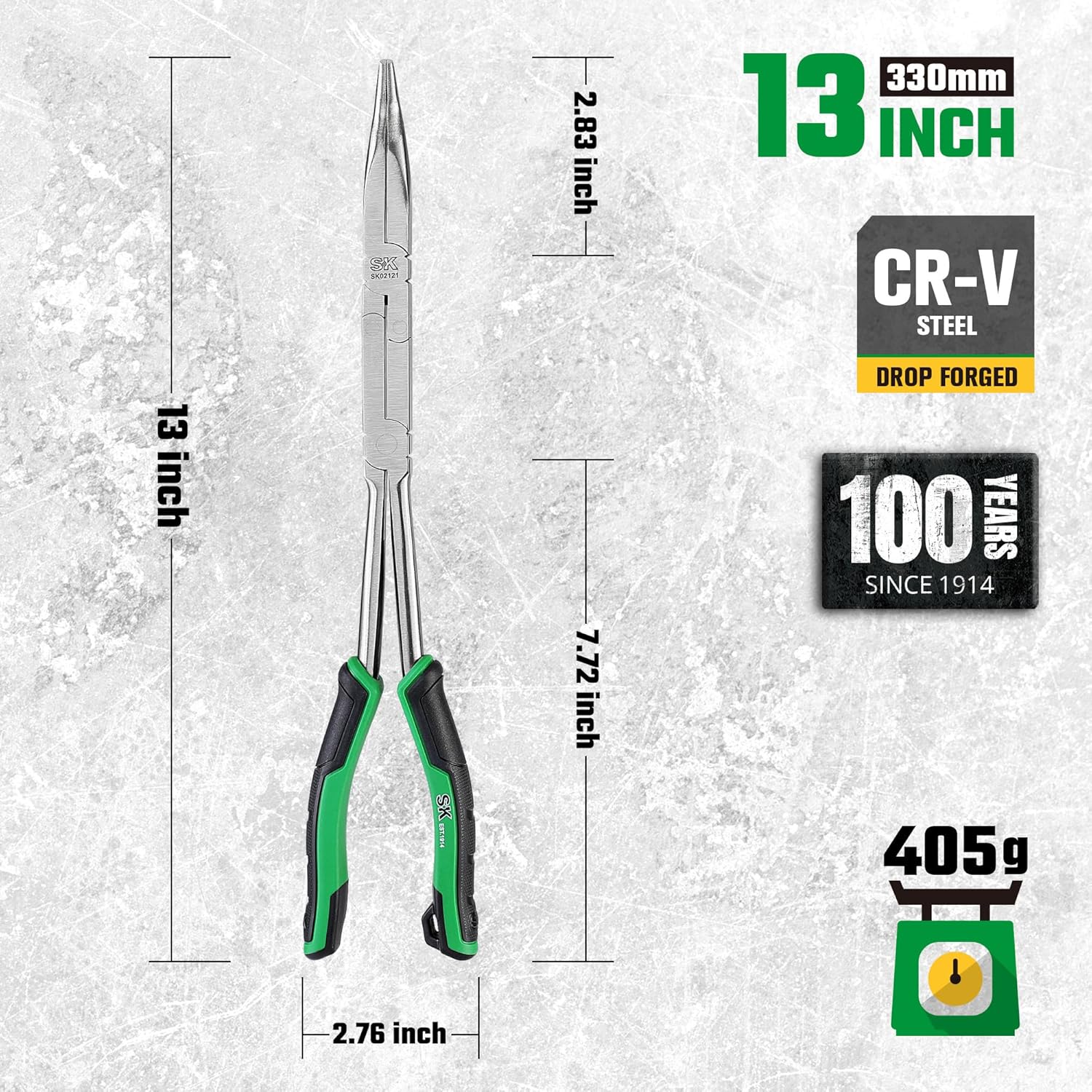 SK 13-Inch Double Compound Long Reach Pliers, 45° Bent Nose Pliers With Comfort Grips, Premium CR-V Steel Construction