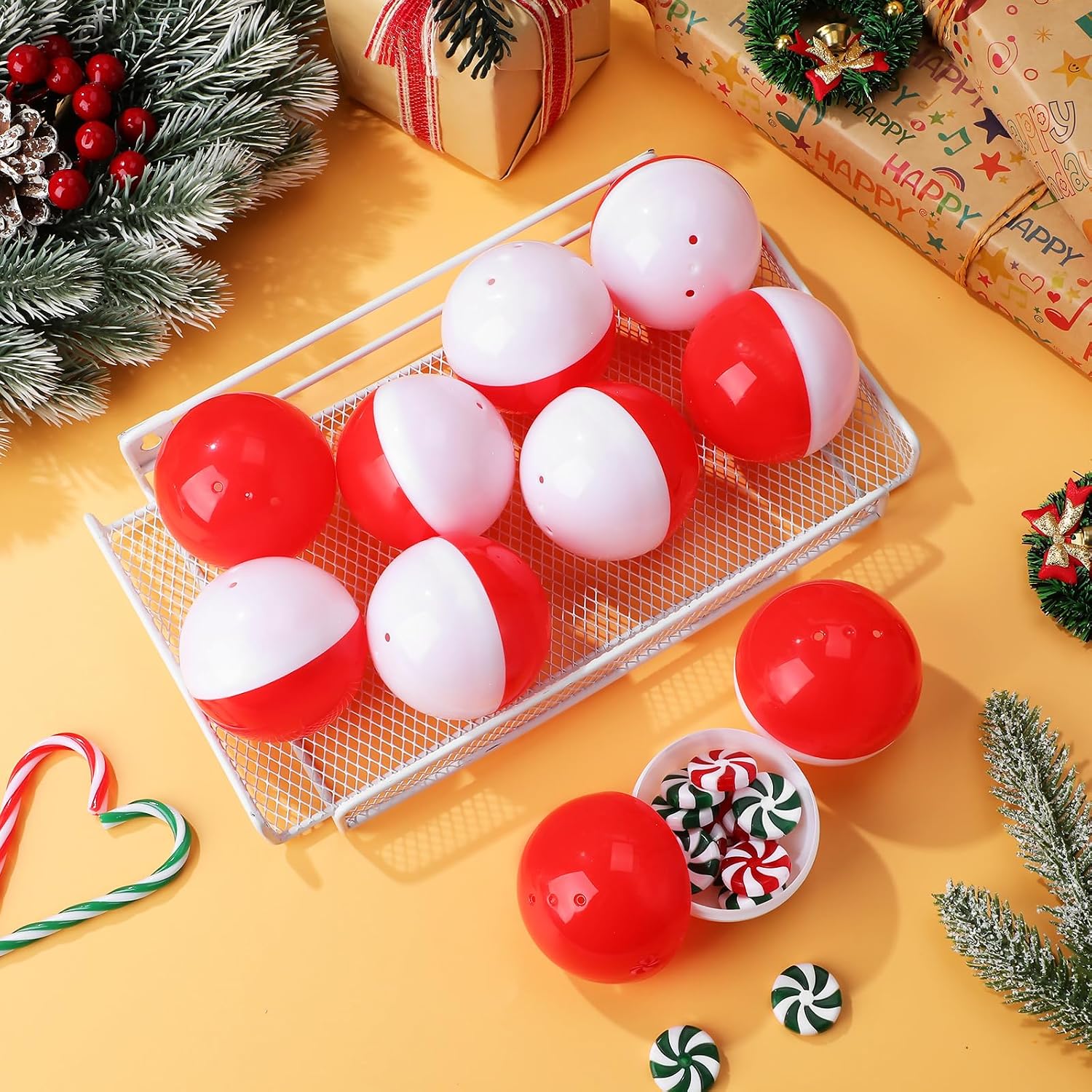 GLEAVI 20 Pcs Empty Gumball Machine Capsules - 2.55" Red & White Fillable Balls for Vending Machines, Surprise Prizes, Easter Egg Hunts, and Christmas Party Favors