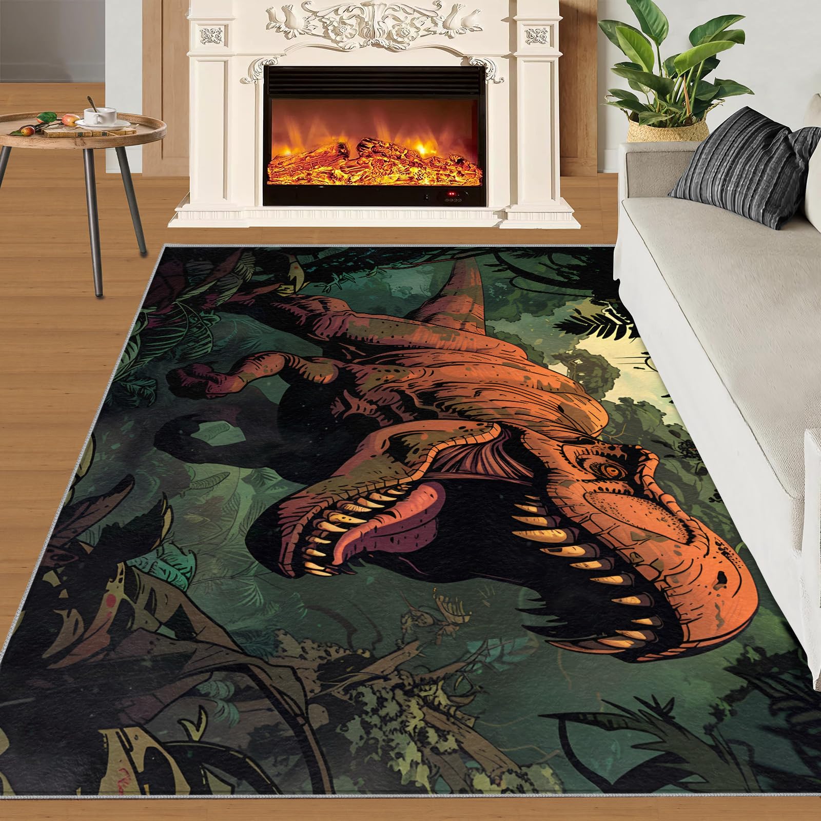SANSJI Dinosaur Rugs for Bedroom - 60 x 90, Girls Boy Area Rug, Stain Resistant Washable Non Slip, Primeval Forest Jungle Theme, Jurassic Dino Design, Soft Low Pile Rectangle Carpet