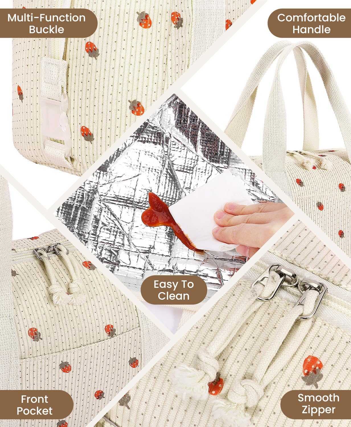 HowFly Corduroy Insulated Lunch Bag for Women - 8.8L Reusable Thermal Lunch Box Cooler Tote Bags with Pockets for Work School Travel, Beige Strawberry - Image 4