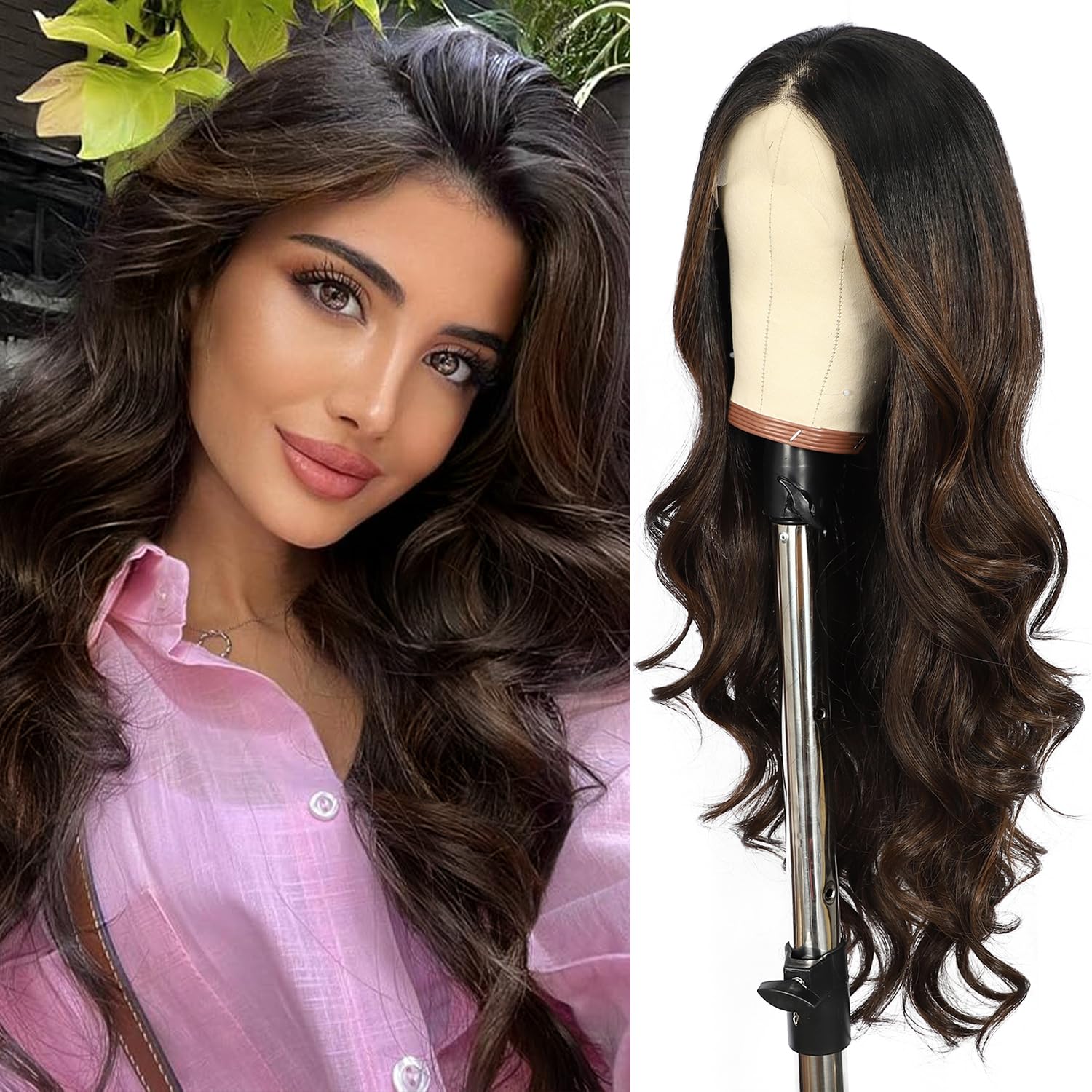 SOMIARIK Chocolate Brown Long Wavy Lace Front Wig
