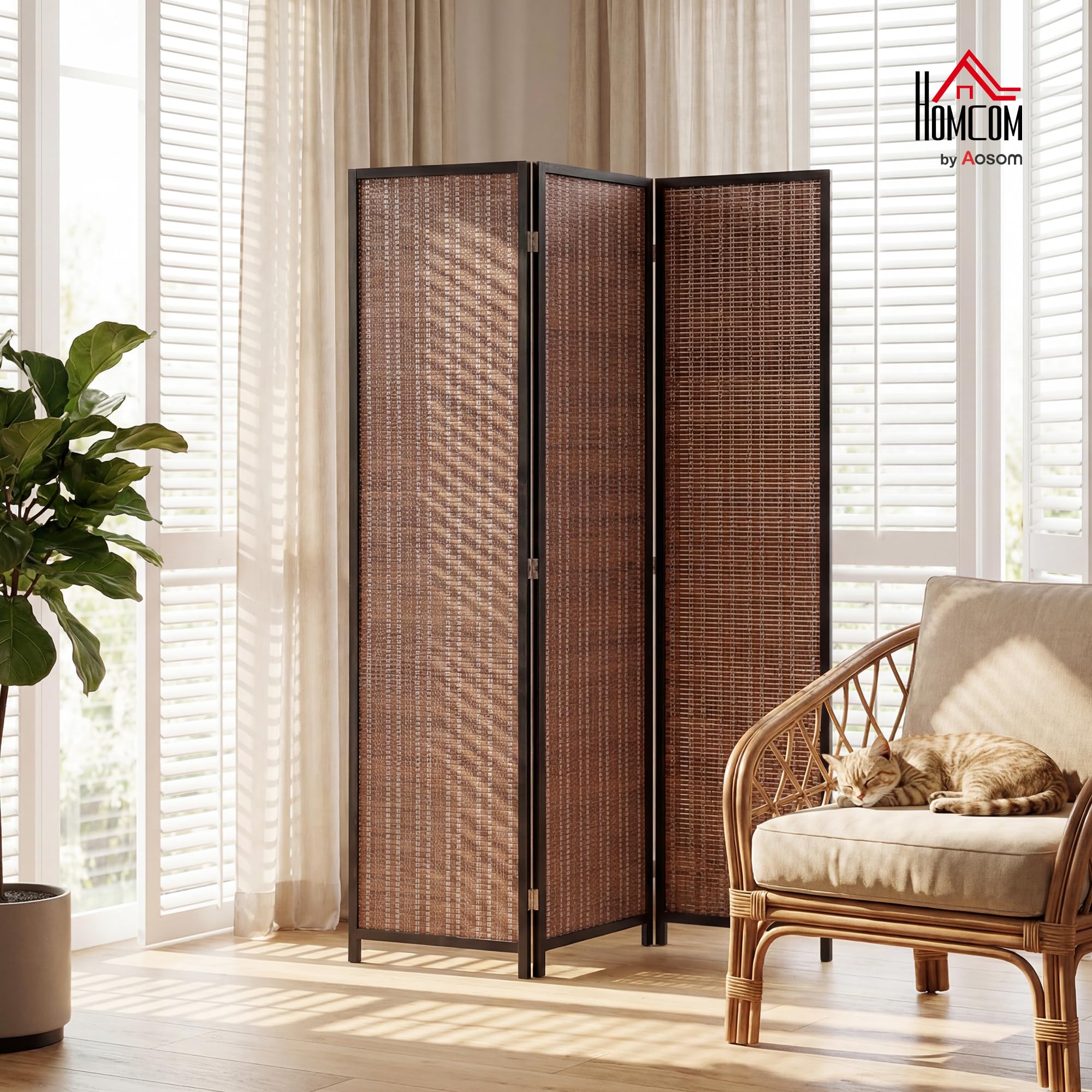 HOMCOM Paravent Interieur en Bois 3 Panneaux 135 x 180 cm séparateur de pièce Pliable cloison de séparation pour Salon Chambre à Coucher Maison, Marron