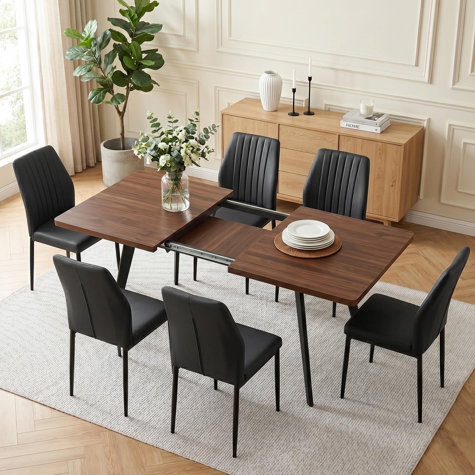 JIEXI Ausziehbares Esstischset mit 6 Stühlen, platzsparender Tisch aus MDF-Holz und stabilem Metallgestell, perfekt für Esszimmer, Küchen und Wohnungen – Tisch aus Eiche + Stühle aus grauem Samt