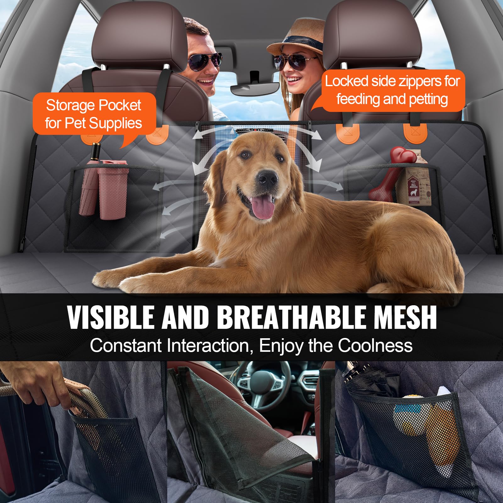 VEVOR Funda Perros Coche Impermeable 600D Cubierta de Asiento Trasero para Mascota 142 x 77 cm Protector de Asiento para Perros con Ventana de Malla Visible y Bolsillo de Almacenamiento para Camión