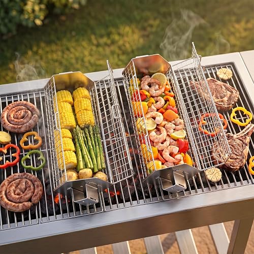 Yaskyly Rolling Grill Baskets for Outdoor Grill, 2PCS BBQ Grilling Basket, Flip Open Hexagon Design, Stainless Steel Grilling Accessories with Removable Wooden Handle for Meat Fish Vegetable Seafood - 7