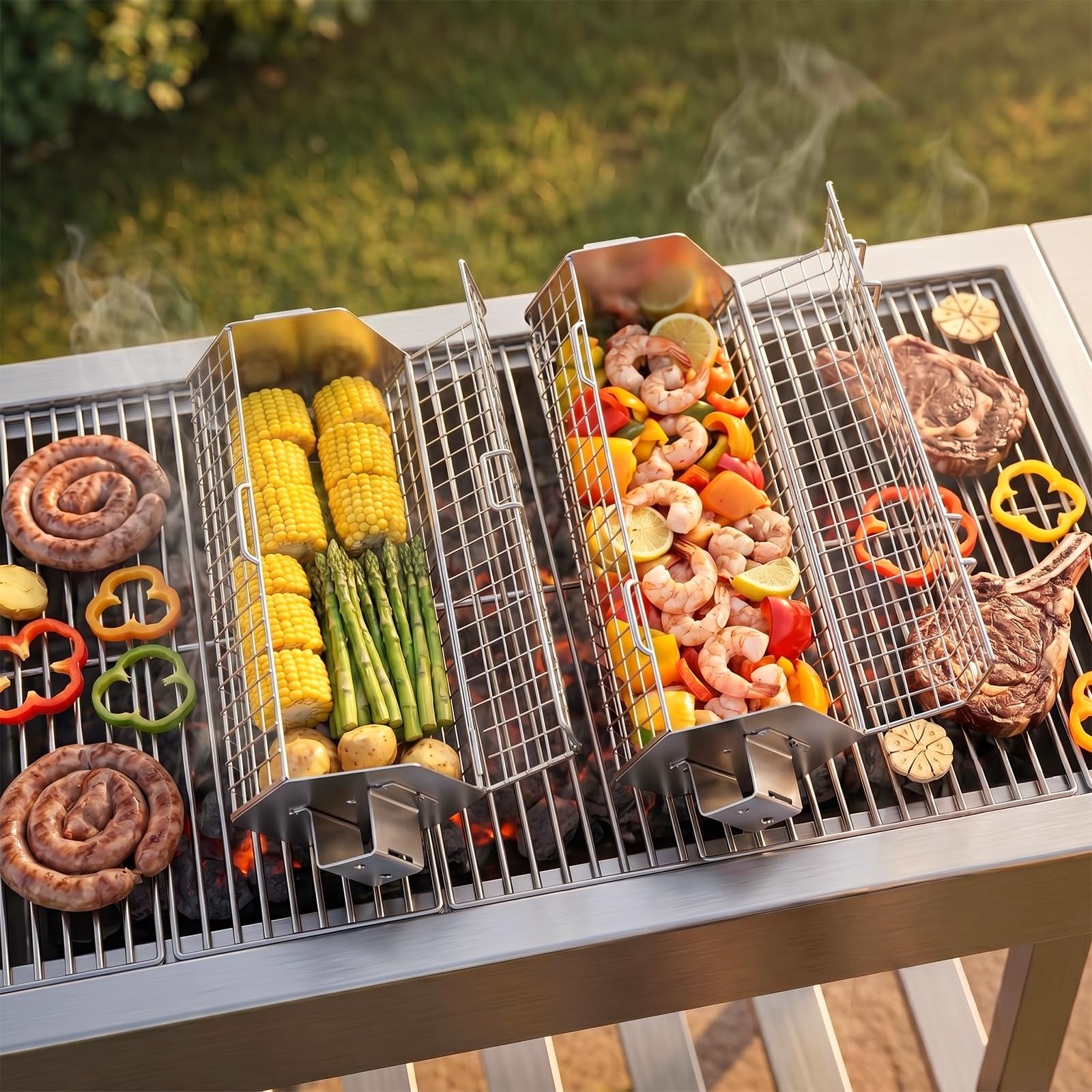 Panier à Barbecue Roulant, Design Hexagonale à Ouverture Rapide, Poignée Détachable, Acier Inoxydable 304, Gigogne, Accessoires Grille à Legumes, Ustensiles Grill de Cuisine Exterieur Camping